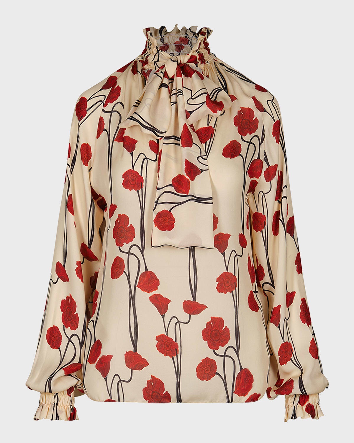 Red Petals Neck-Tie Long-Sleeve Silk Top - 1