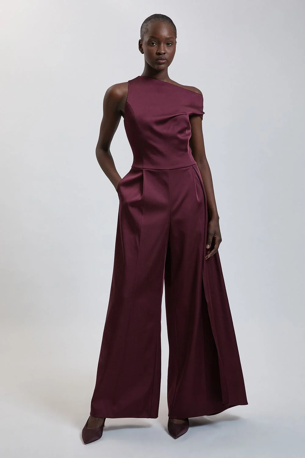 Tailored Satin Drape Asymmetric Jumpsuit - 1