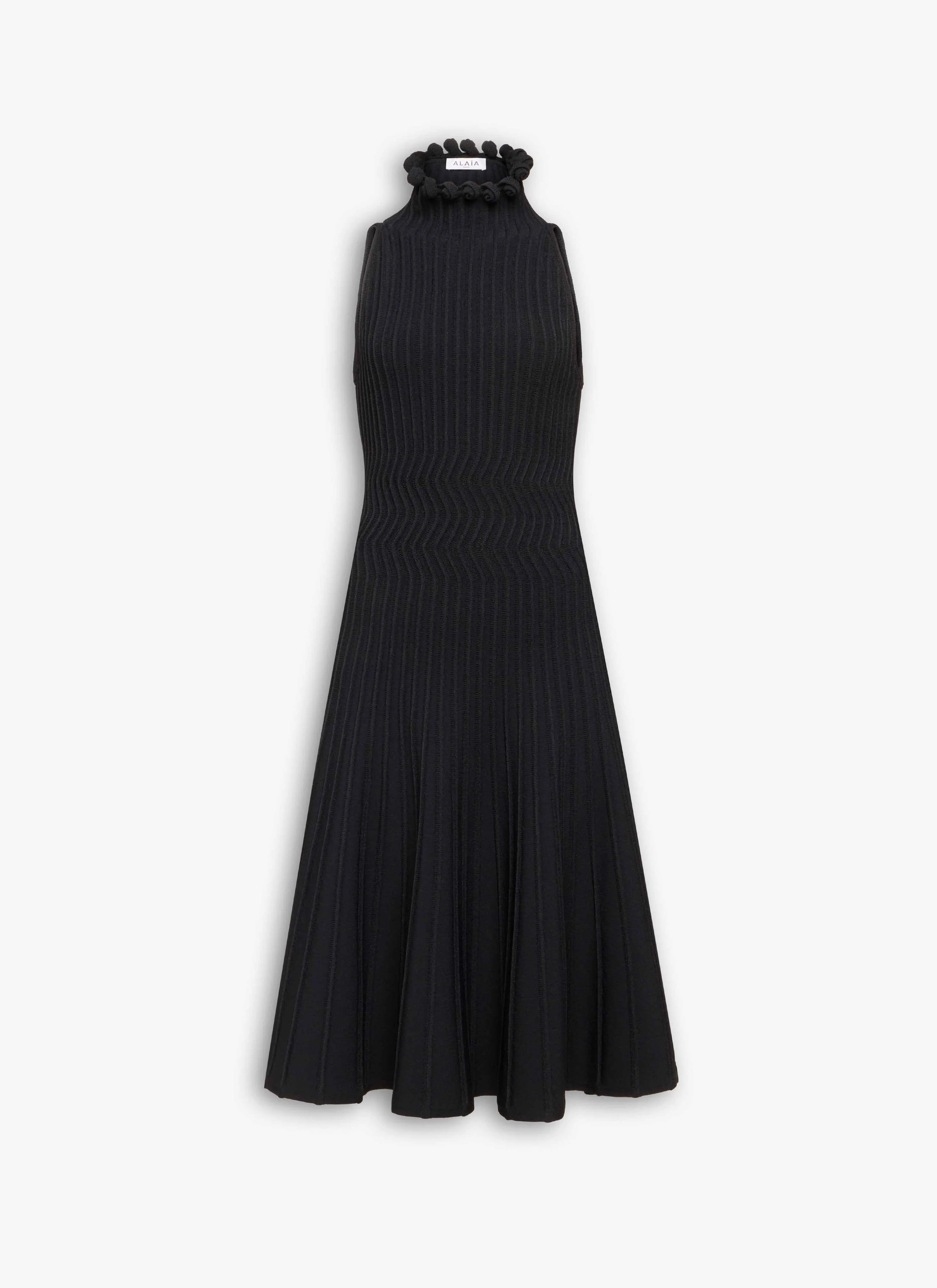 RIBBED KNIT CURLED HIGH NECK DRESS - 1