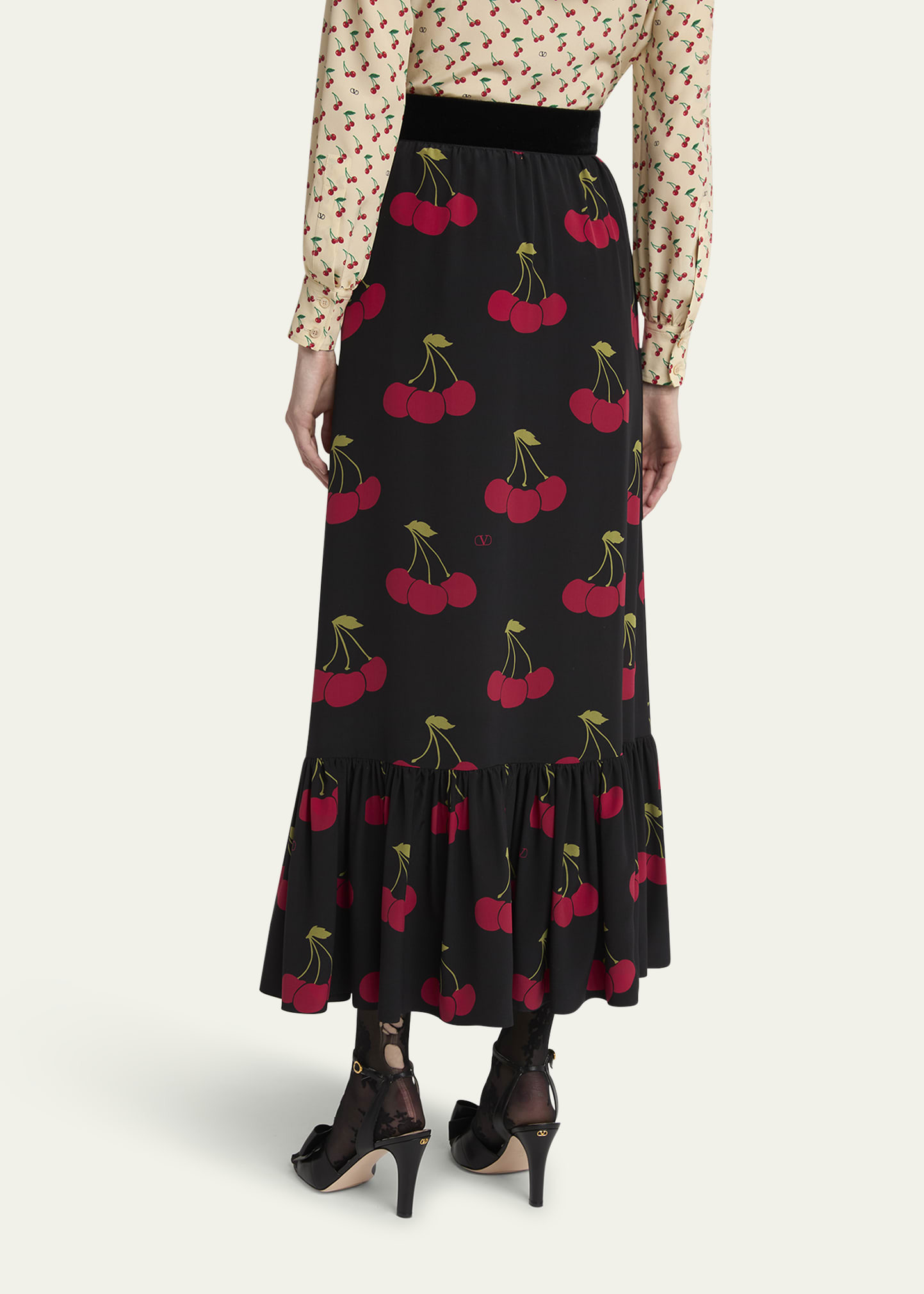 Cherry Print Flounce Silk Maxi Skirt - 3