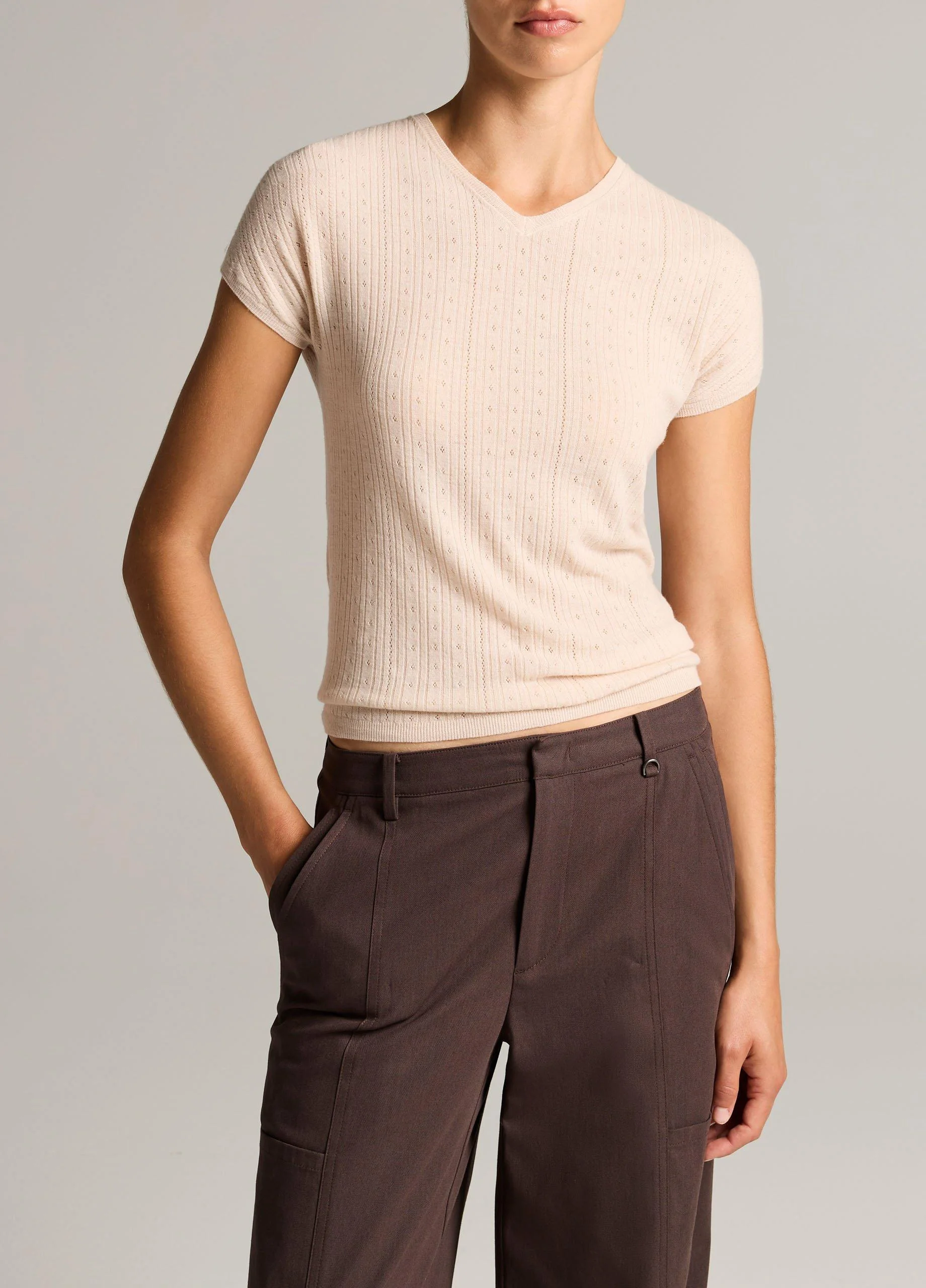 Pointelle Wool Short-Sleeve Sweater - 1