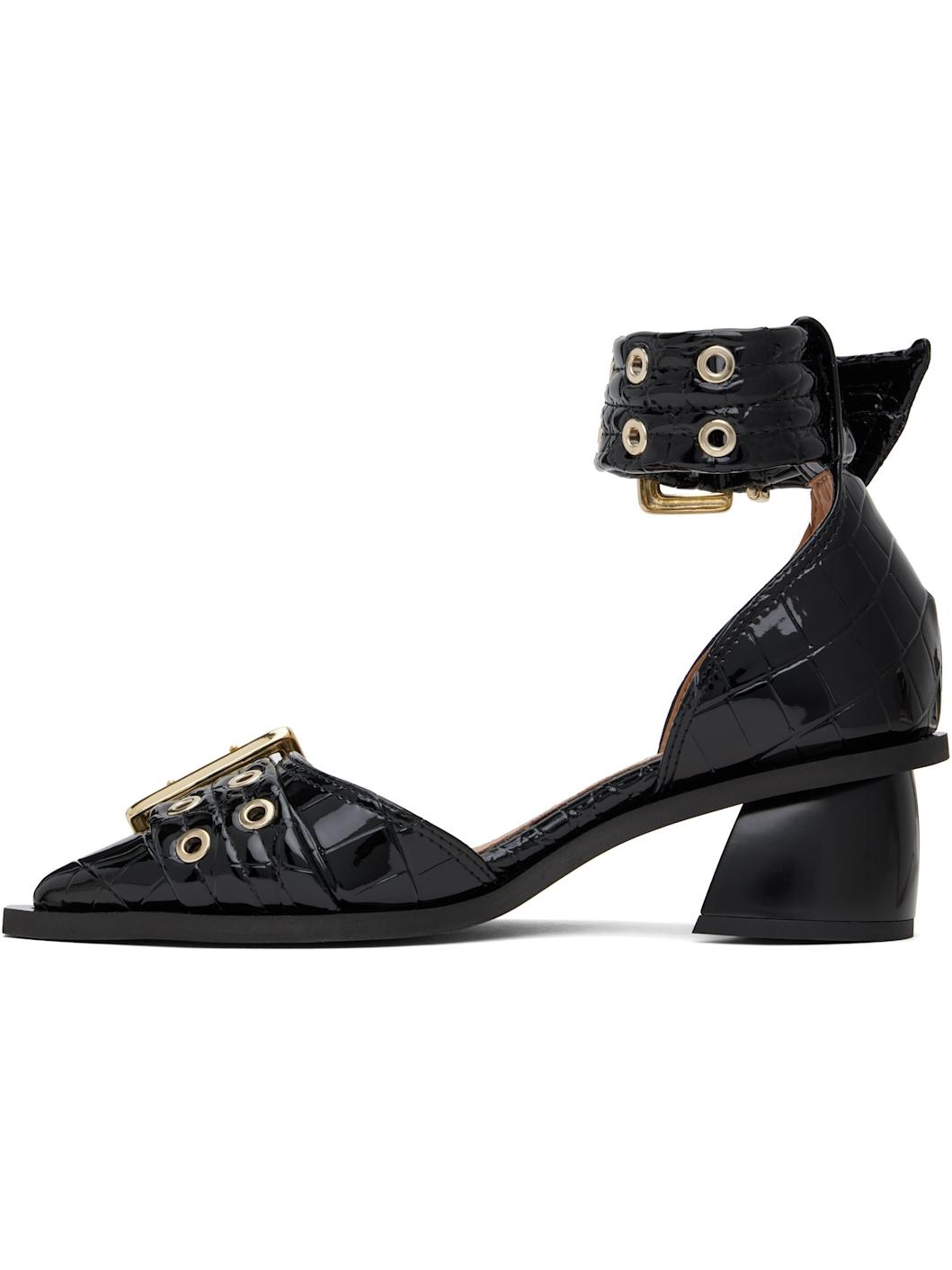 Black Feminine Buckle Open Cut Heels - 3