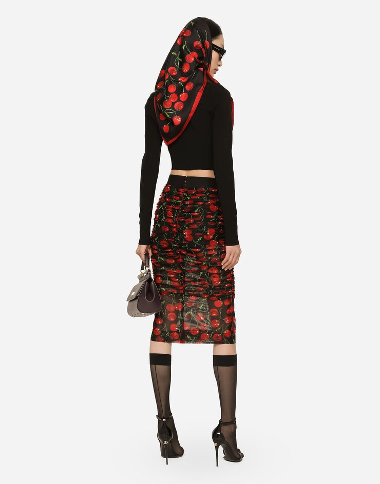 Cherry-print tulle midi skirt with branded elastic and draping - 3