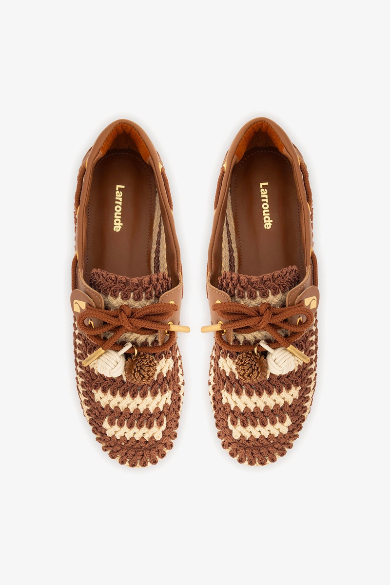 Cyprus Crochet Boat Shoe In Caramel and Ivory Crochet and Caramel Leather 6
