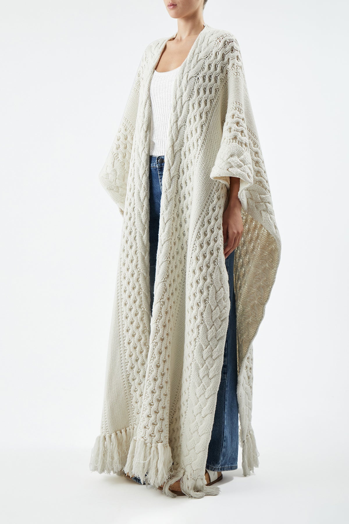 Alma Knit Poncho in Ivory Cashmere - 4