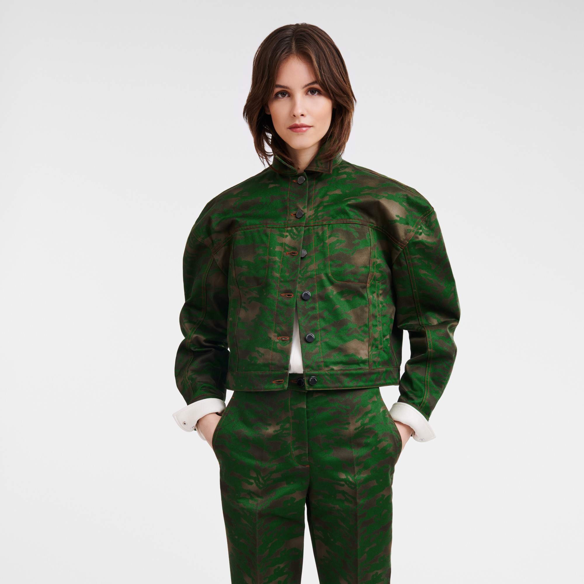 Topstitching short jacket Khaki - Cotton gabardine - 4