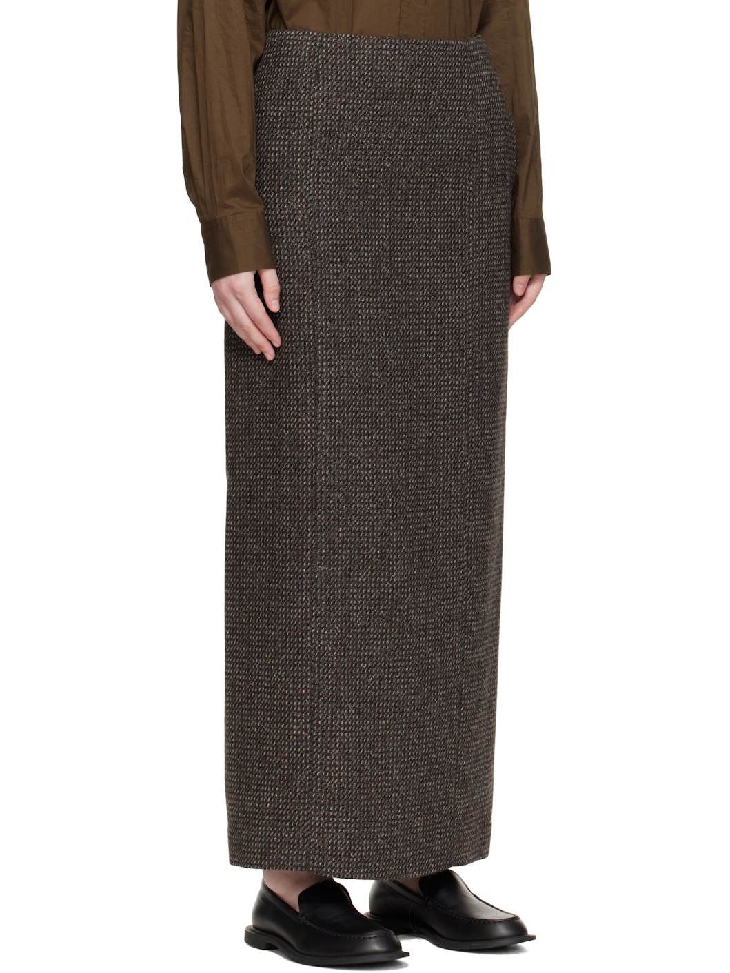 Brown & Gray Alpaca Wool Silk Tweed Pencil Maxi Skirt - 2