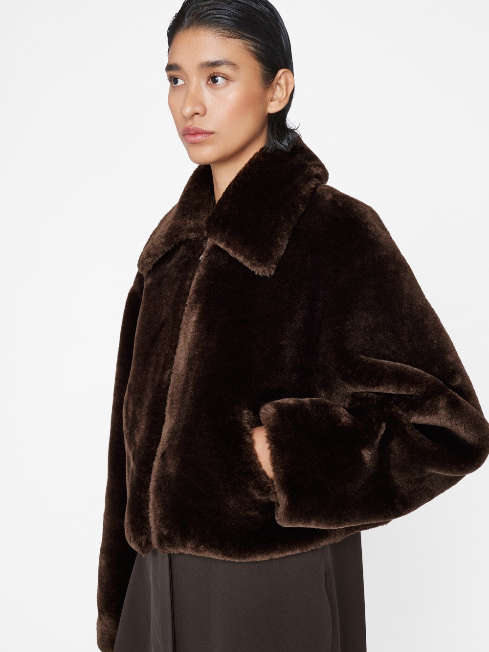 Faux Fur Zip Up Jacket in Espresso - 7