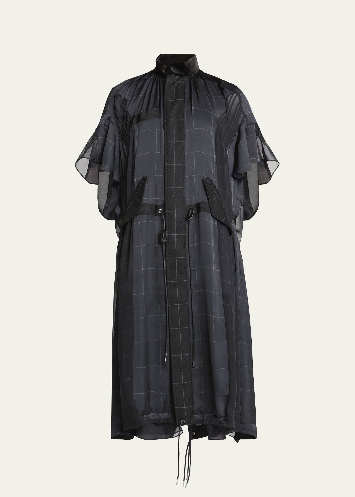 sacai High Neck Sheer Windowpane Print Pleated Dress