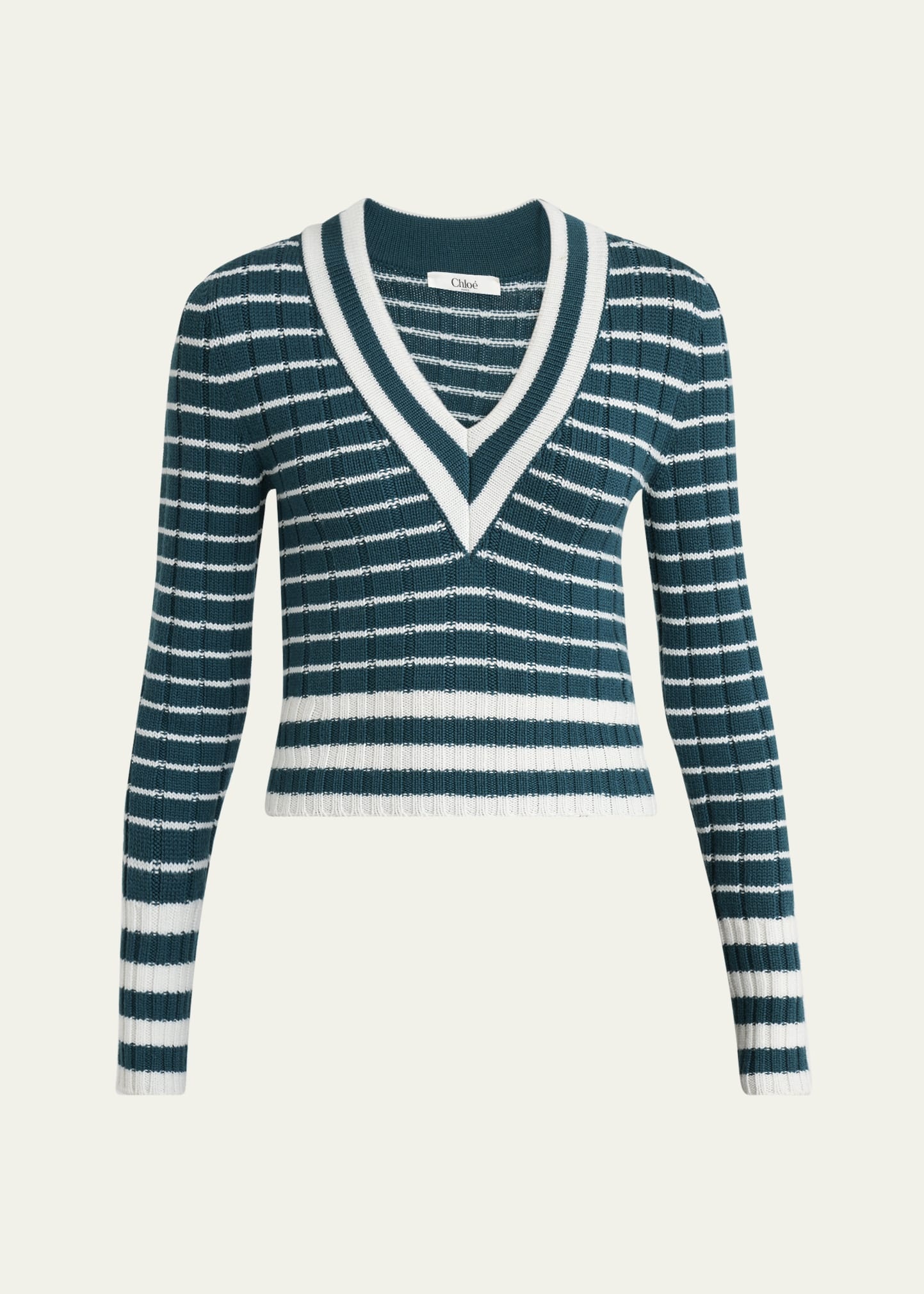 V-Neck Striped Merino Knit Sweater - 1