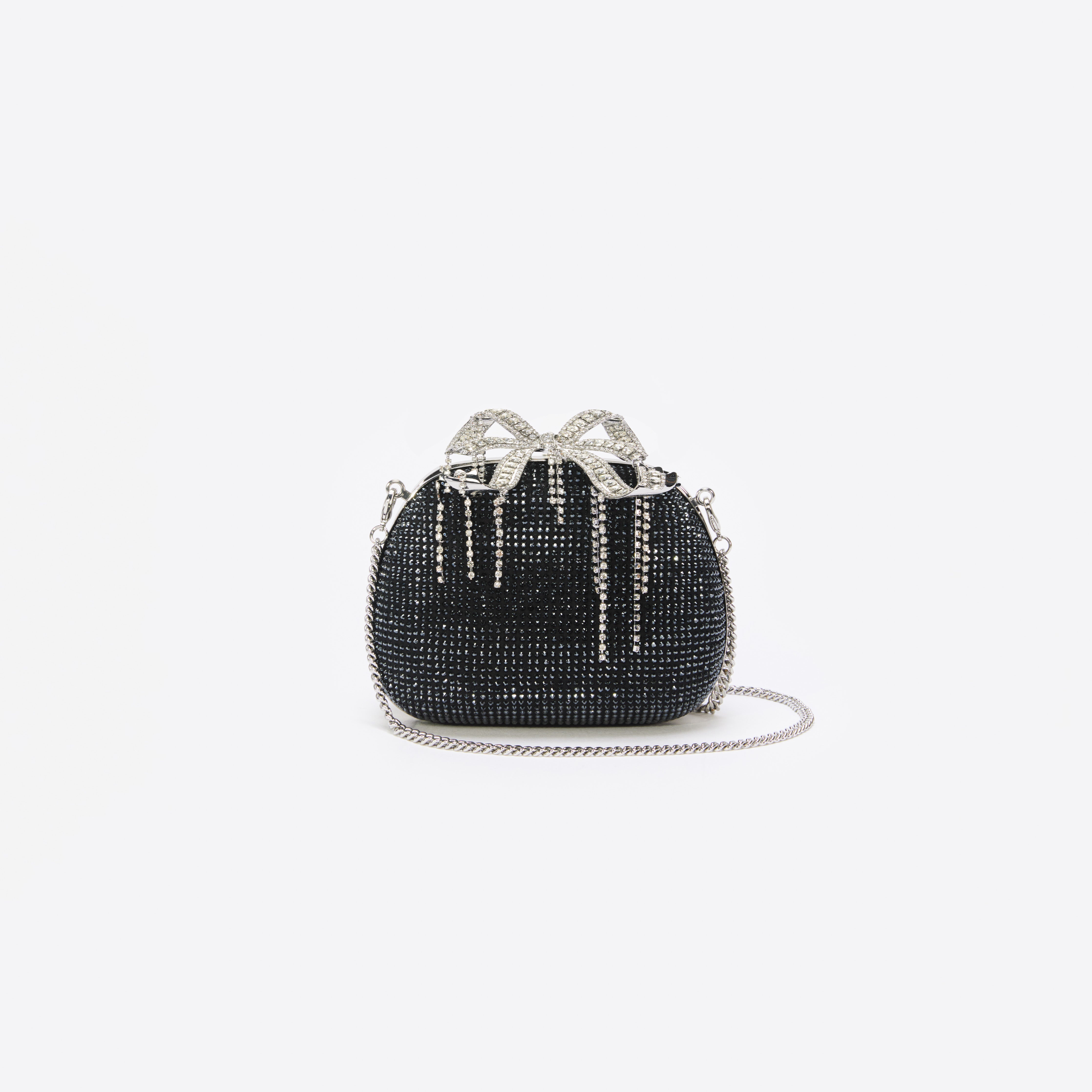 Black Satin Rhinestone Clutch Bag - 4