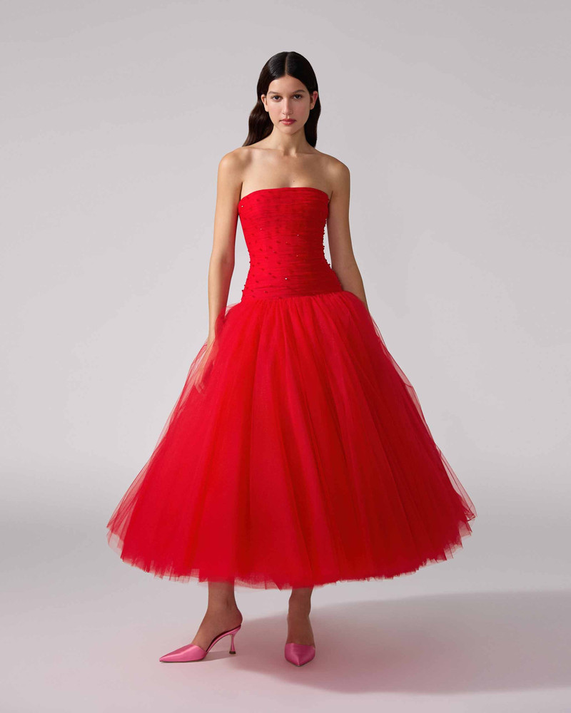 CAROLINA HERRERA Embroidered Strapless Tulle Dress outlook