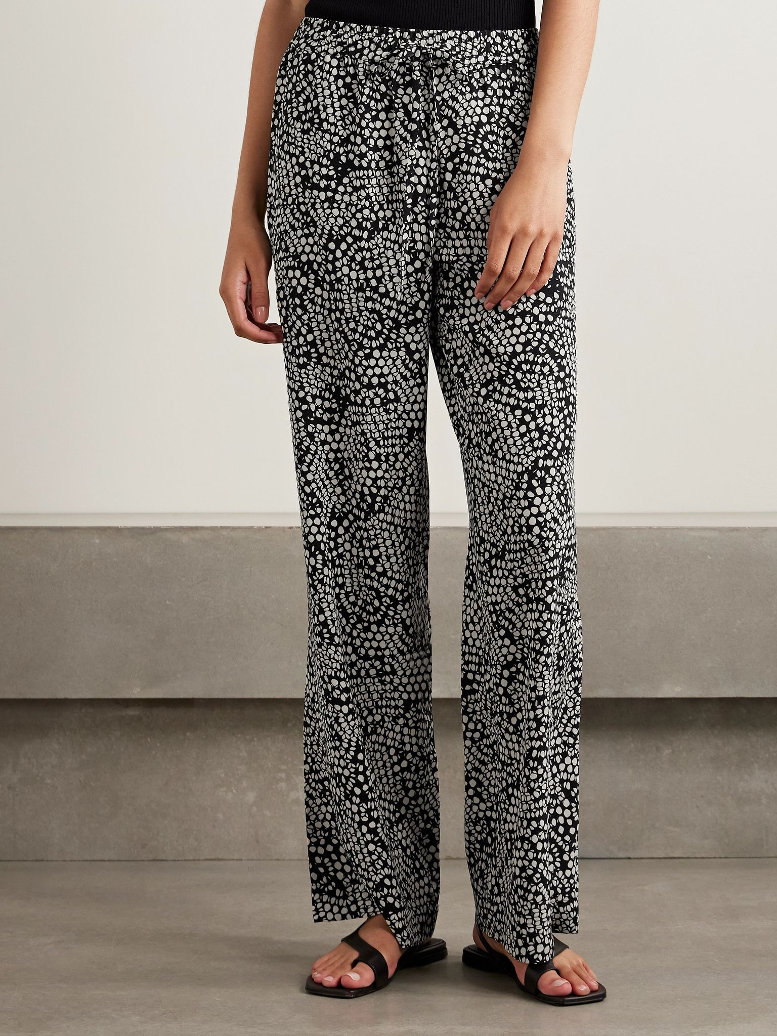 Polka-dot silk crepe de chine track pants Black - 3