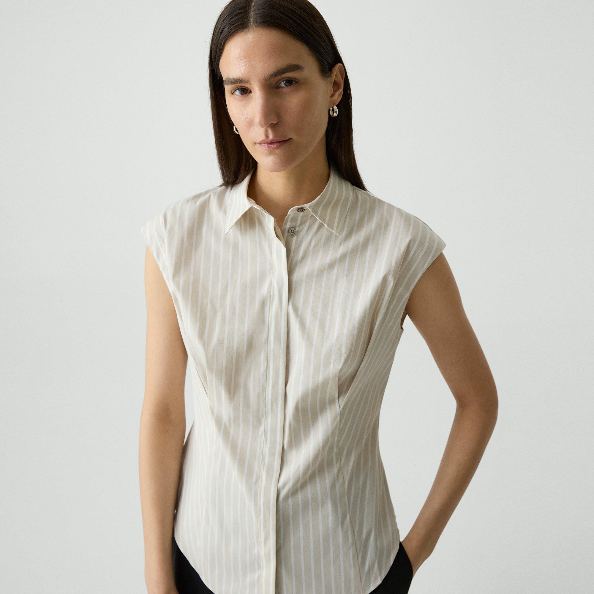Cinched Cap-Sleeve Shirt in Striped Cotton-Blend - 5