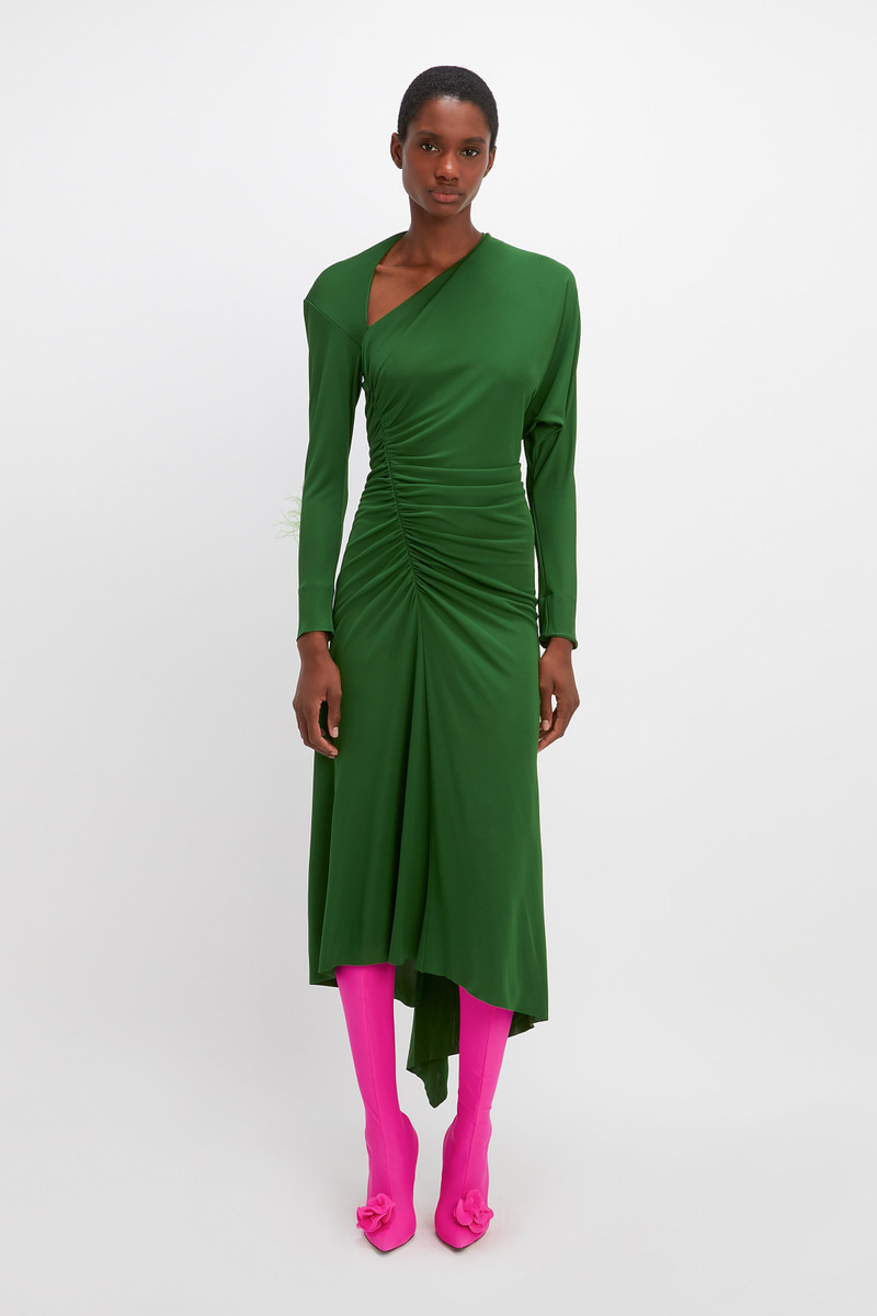 Victoria Beckham Asymmetric Ruched Midi Dress in Green - 1123WDR004372A-DARK -GREEN-4 | REVERSIBLE