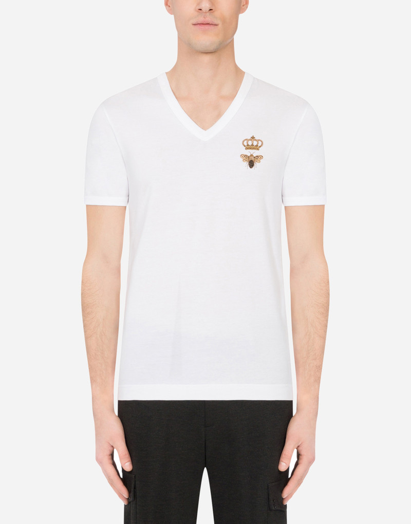 Dolce & Gabbana V-neck cotton t-shirt with bee and crown embroidery outlook
