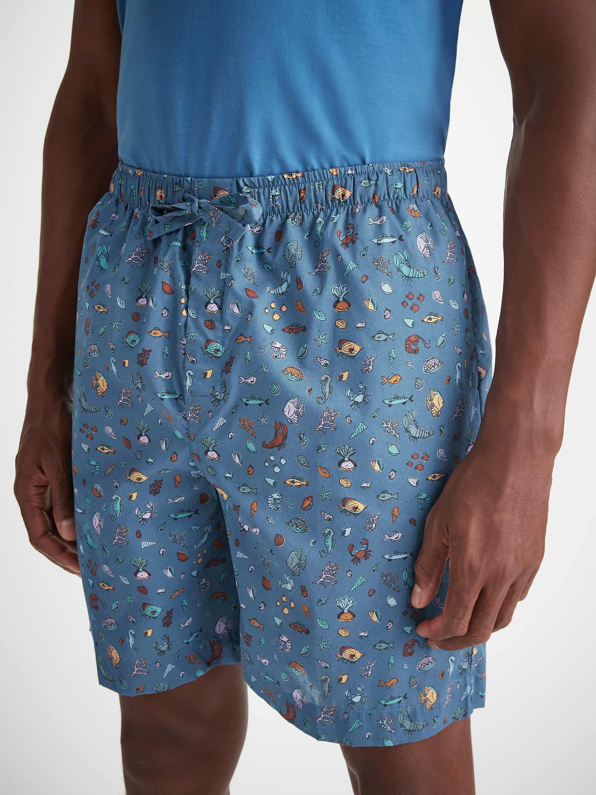 Men's Lounge Shorts Cotton Batiste Blue Sea Friends Print - 1