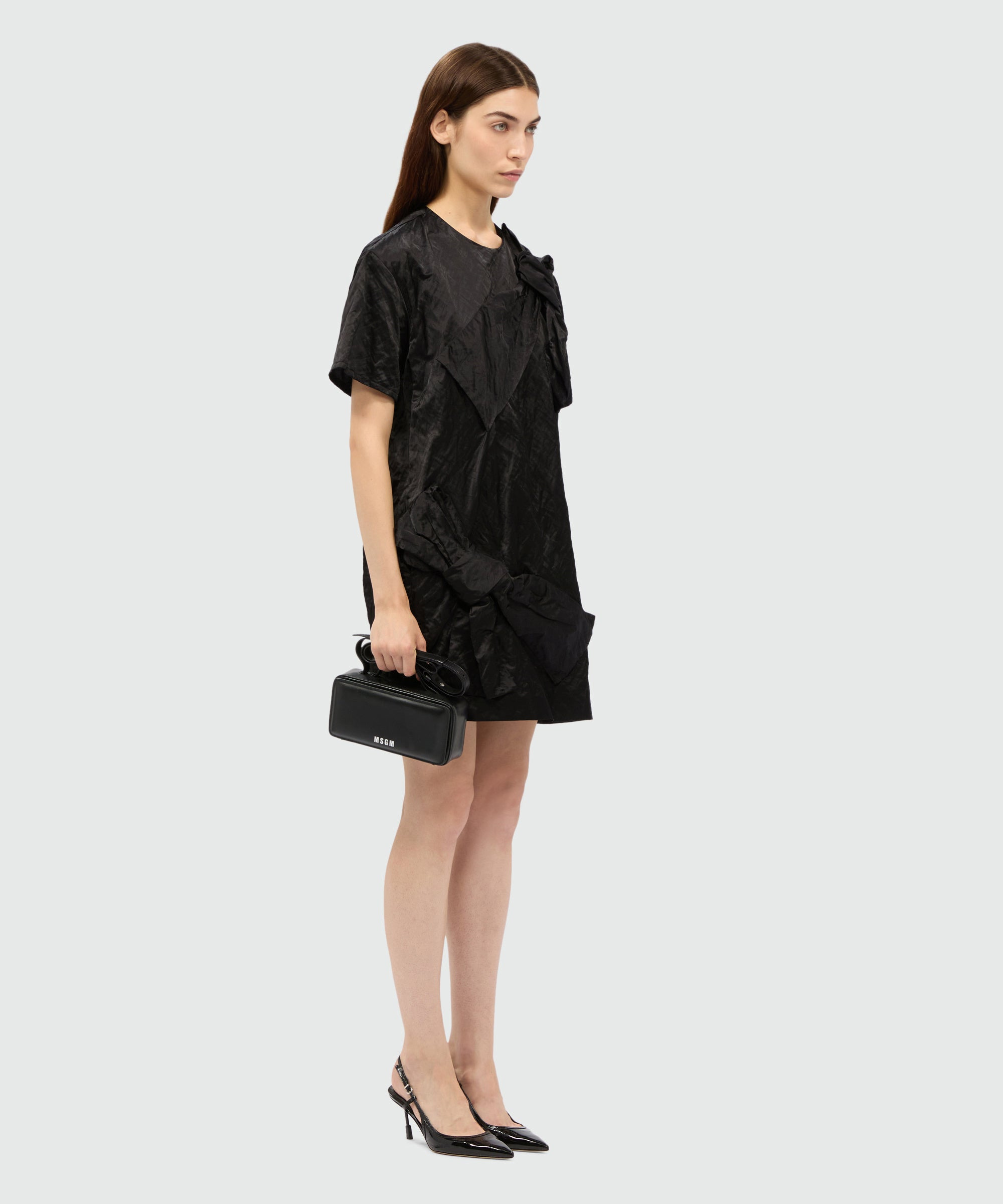 Black crinkle duchesse minidress with bow - 4