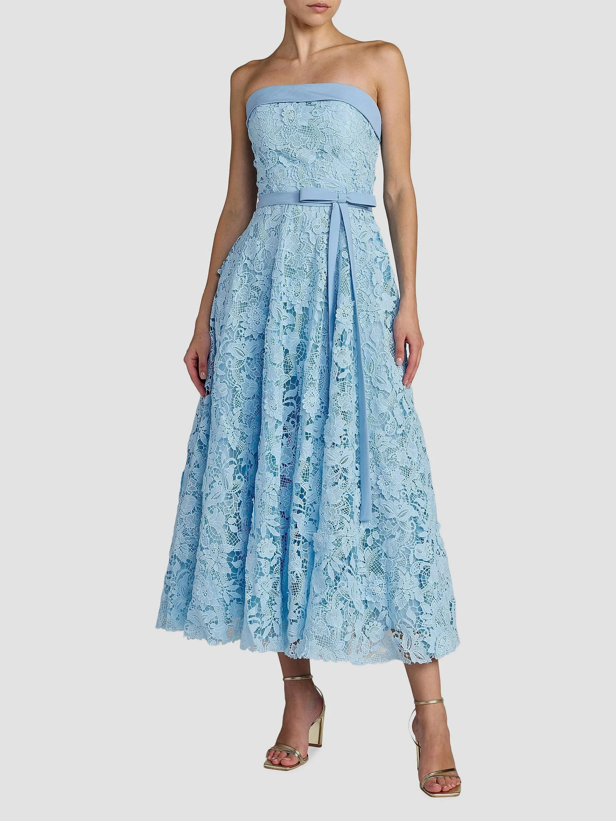 Women's Floral-Lace Crepe Strapless Midi-Dress - Powder Blue - 1