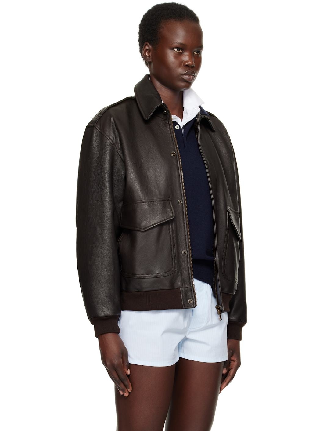 Brown Oversized Leather Bomber Jacket - 2