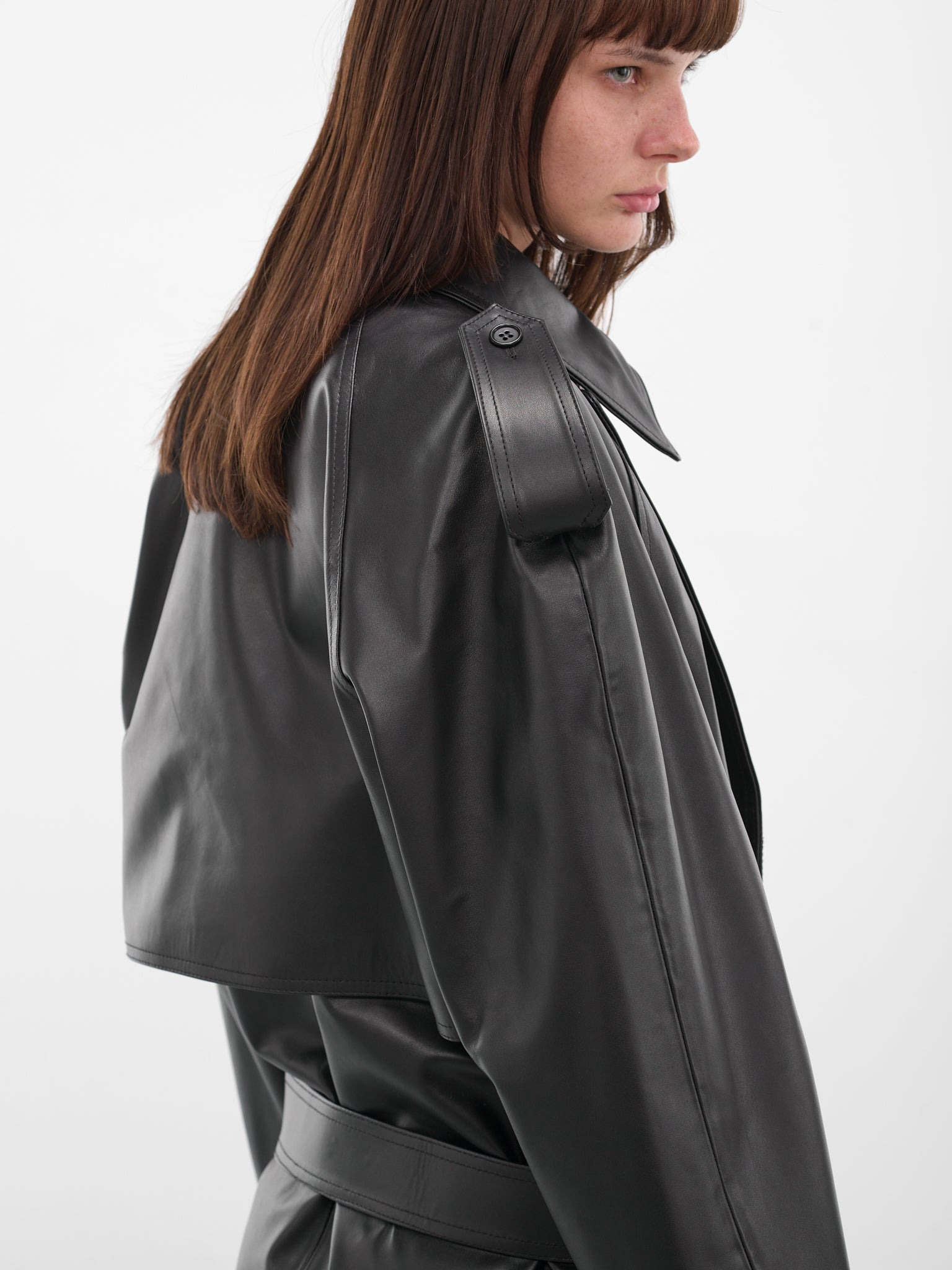 Black Leather Cropped Trench Jacket - 5
