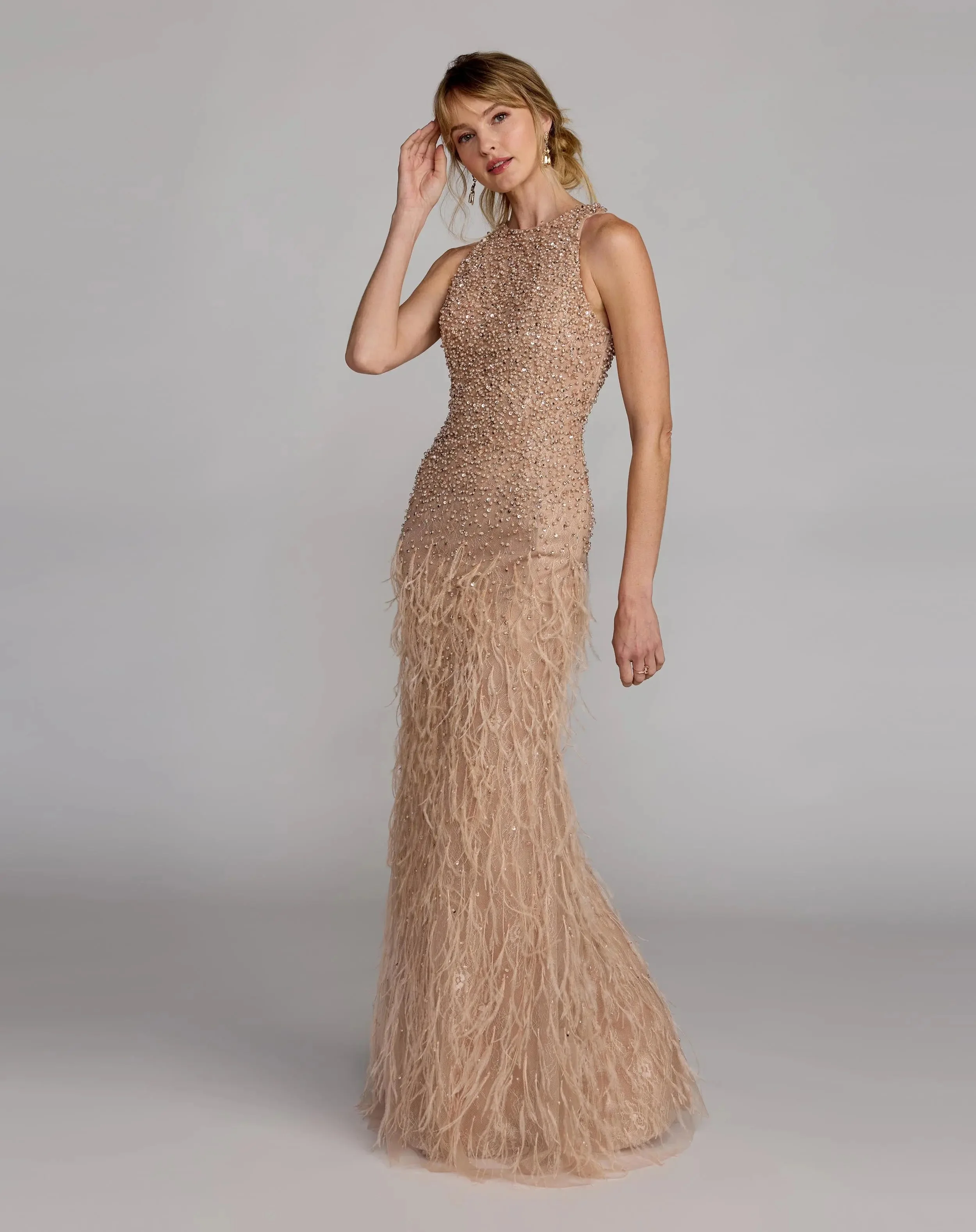 Porcelain Embellished Lace Sleeveless Feather Gown - 1