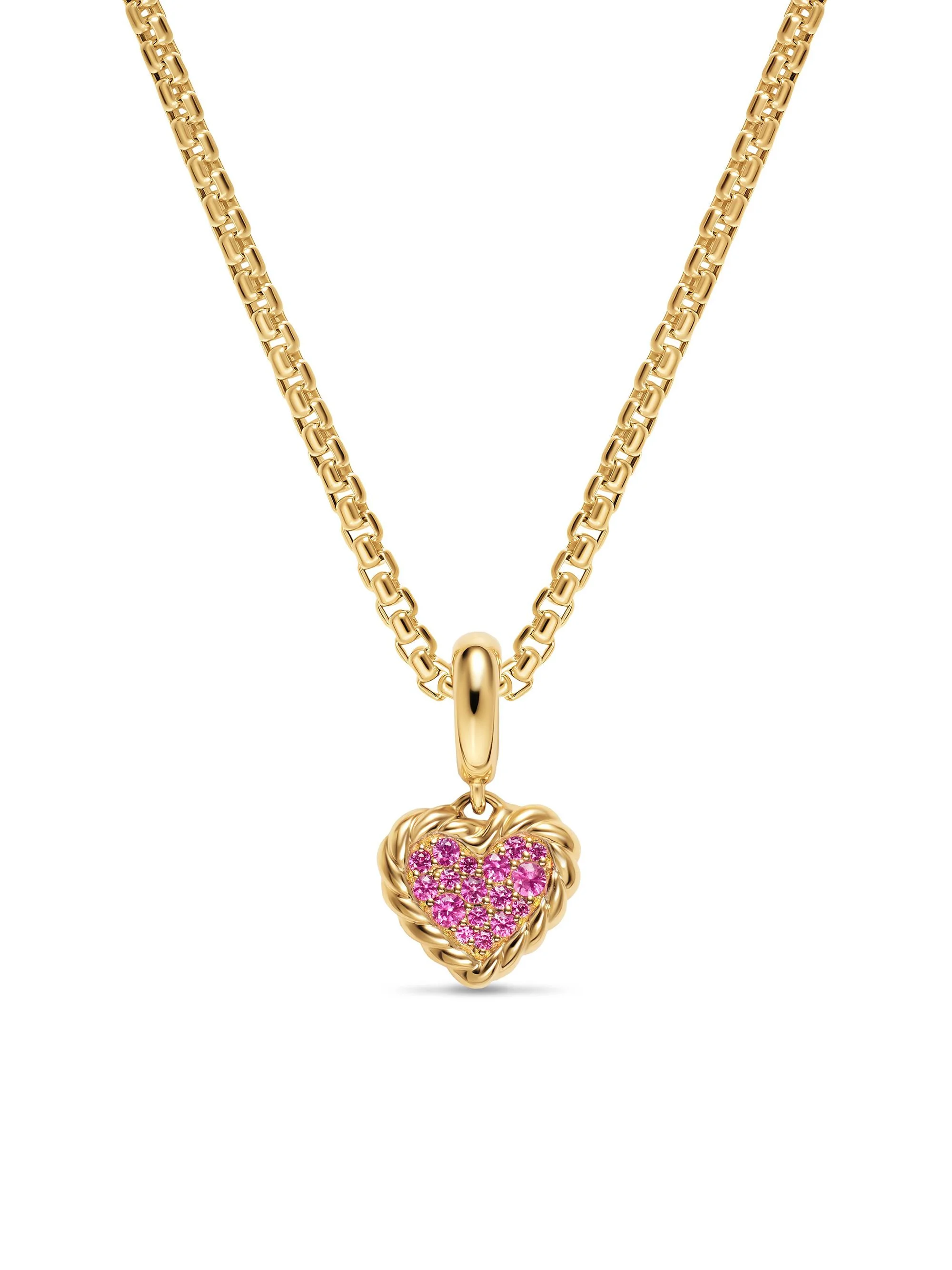 Women's Petite DY Elements Heart Plate Pendant in 18K Yellow Gold with Pink Sapphires, 8.2MM - Pink - 1
