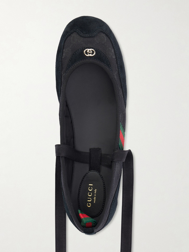 Embellished Webbing-trimmed Canvas And Suede Ballet Flats 6