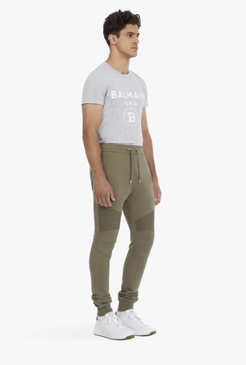Olive green sustainable cotton sweatpants with white Balmain Paris logo 7