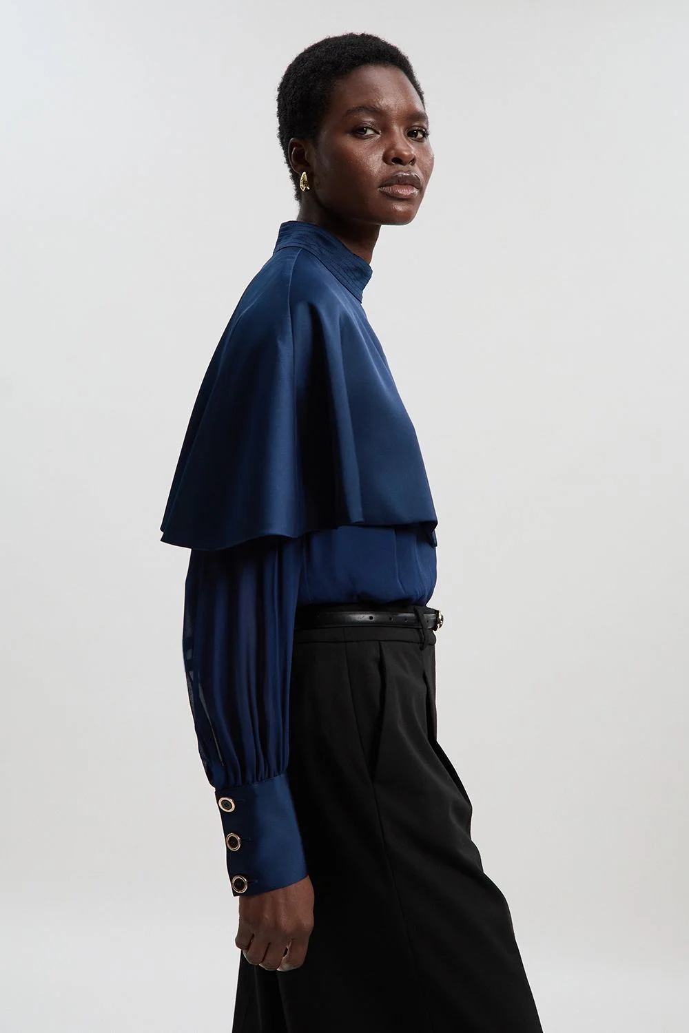 Military Sheer Cape Detail Woven Top - 1