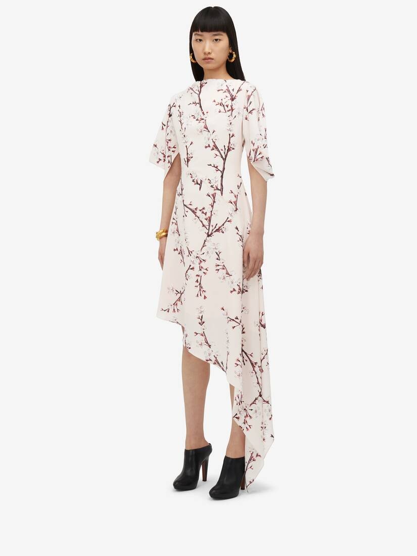 Women's Cherry Blossom Asymmetric Midi Dress in Pink - 5