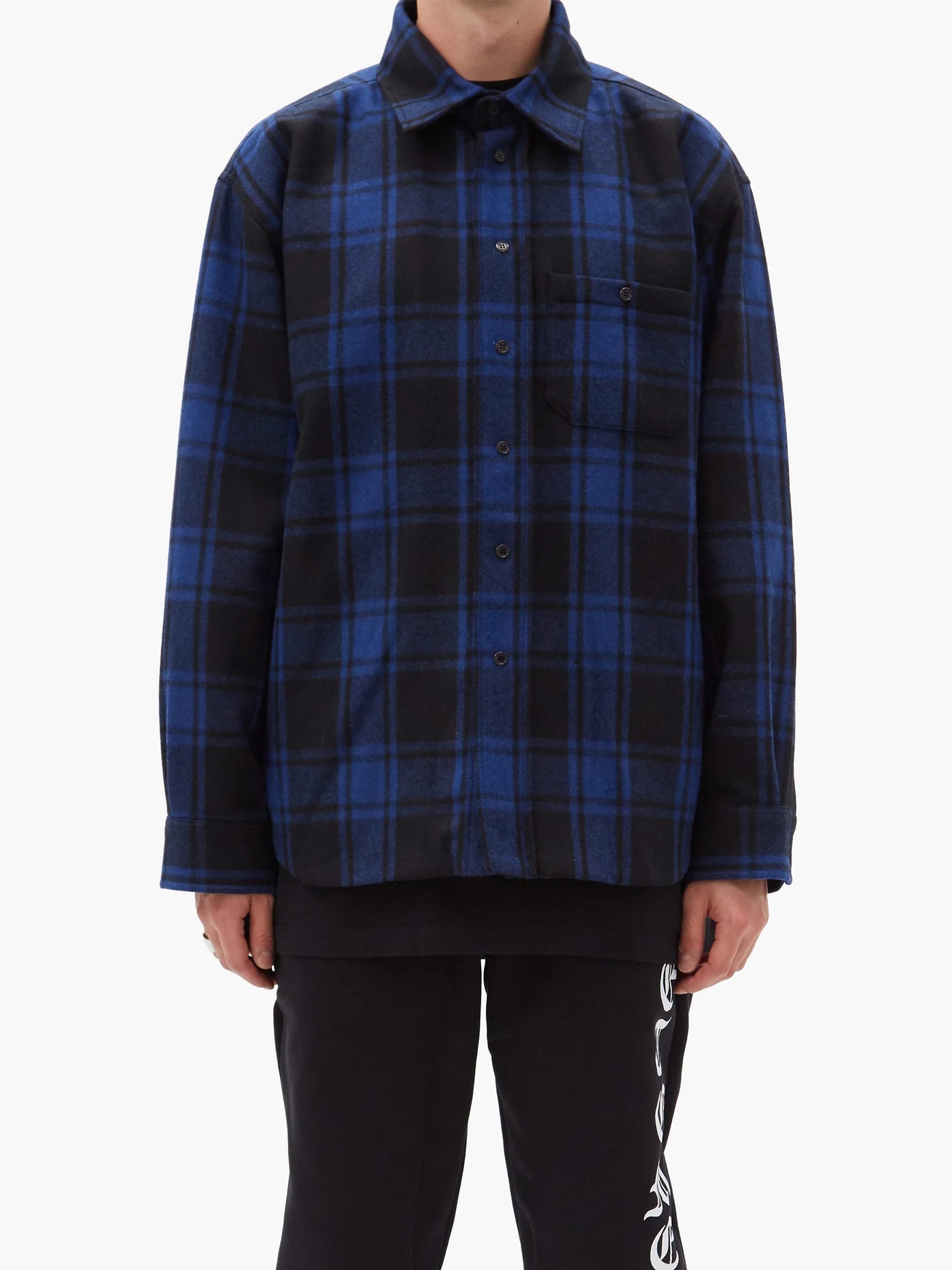 Logo-collar padded checked wool-blend shirt - 6