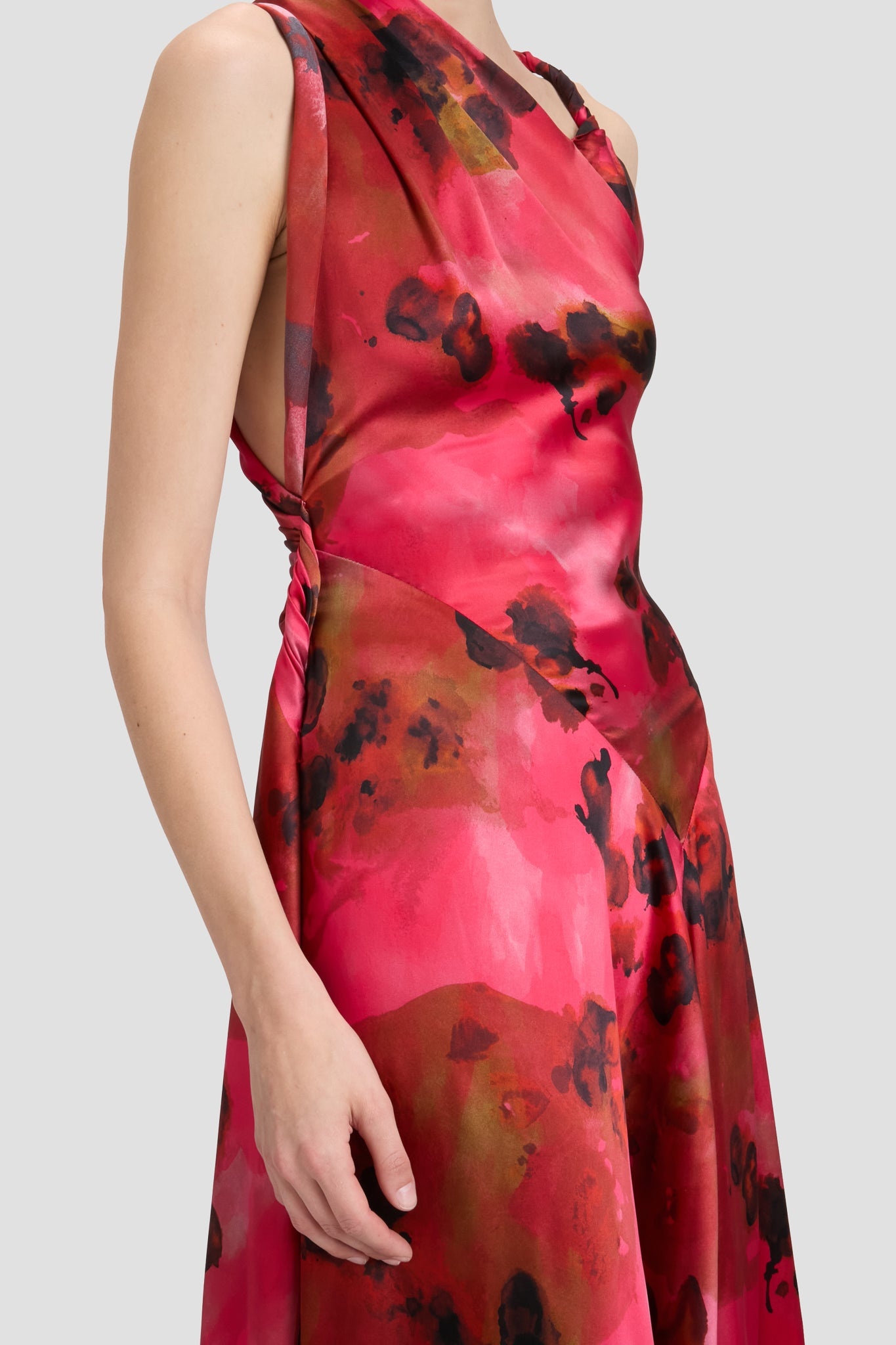Sleeveless Draped Midi Dress In Raspberry Floral Print - 4