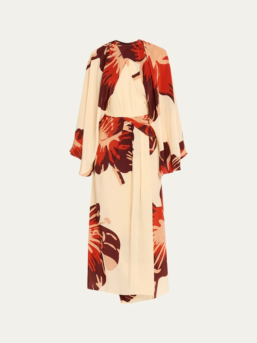 Odyssey Floral Silk Draped Long-Sleeve Ankle Dress - 1
