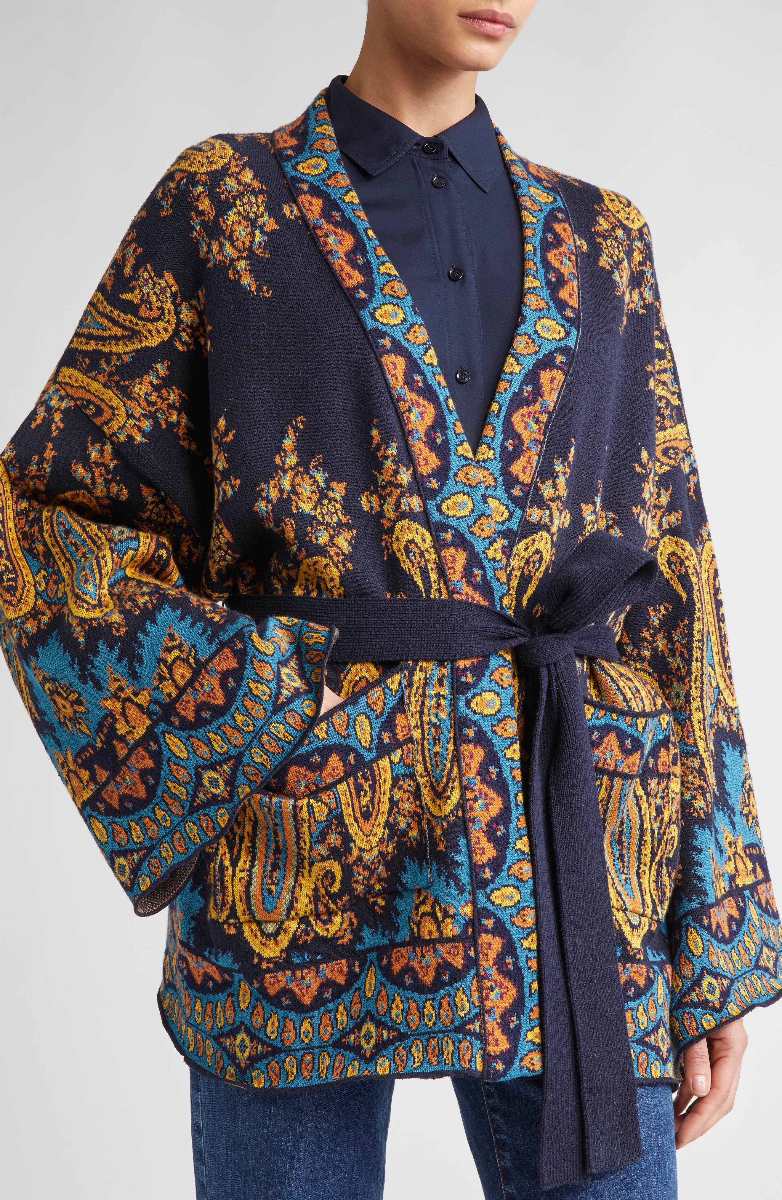 Etro Paisley Jacquard Wrap Cardigan in Print On Blue Base at Nordstrom - 4