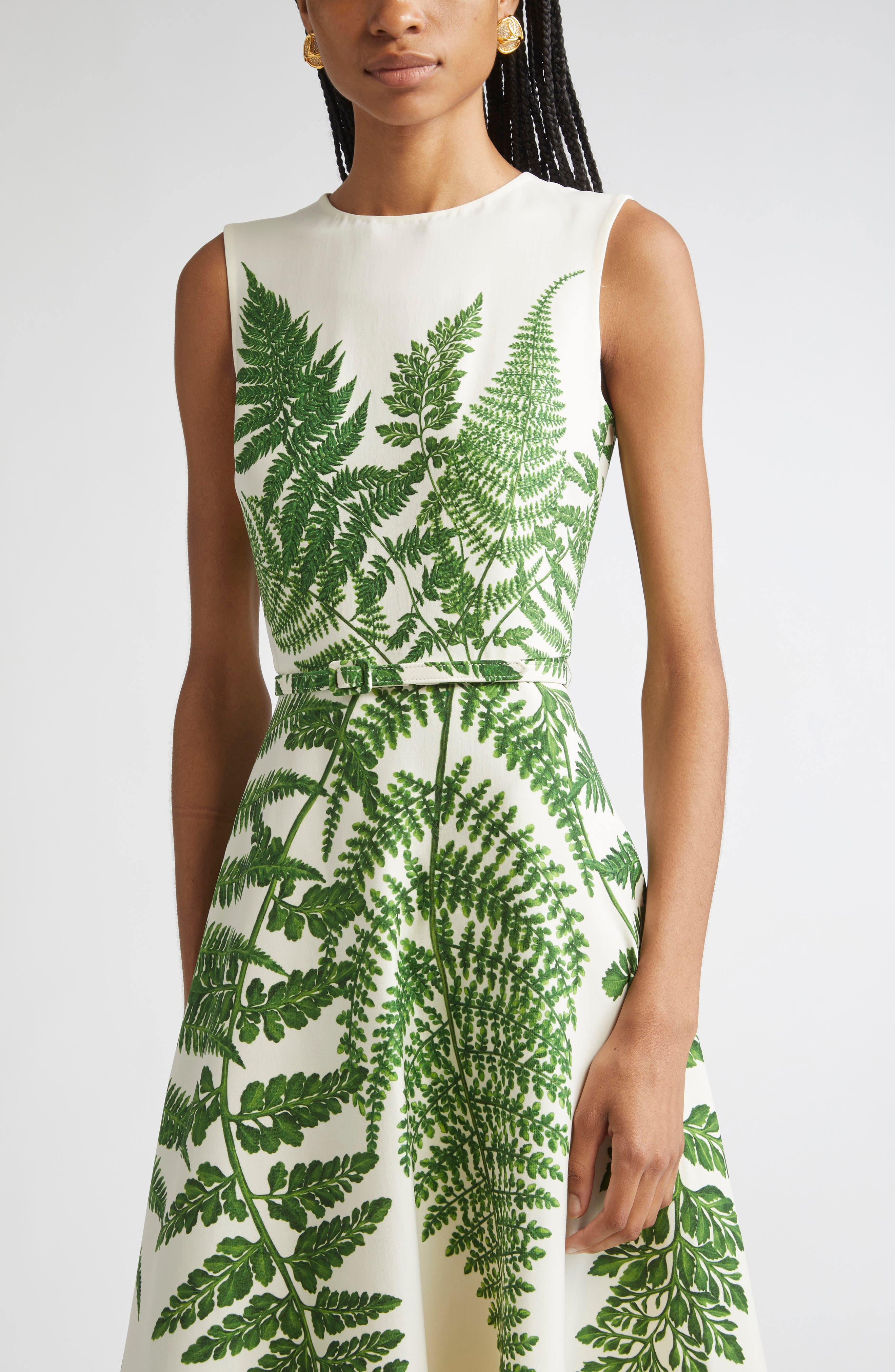 Oscar de la Renta Placed Fern Print Wool Blend A-Line Dress in Green/Ivory at Nordstrom - 4