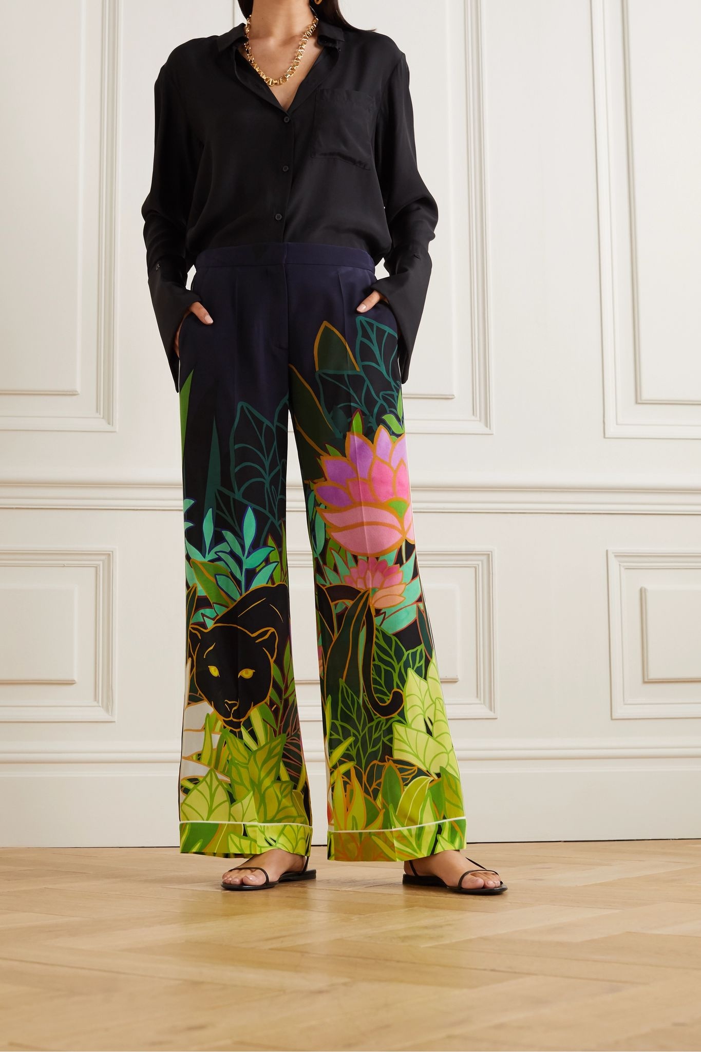 Printed silk crepe de chine wide-leg pants - 3