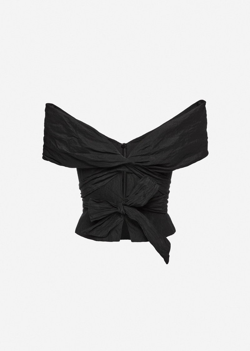 Draped off shoulder blouse in black 1