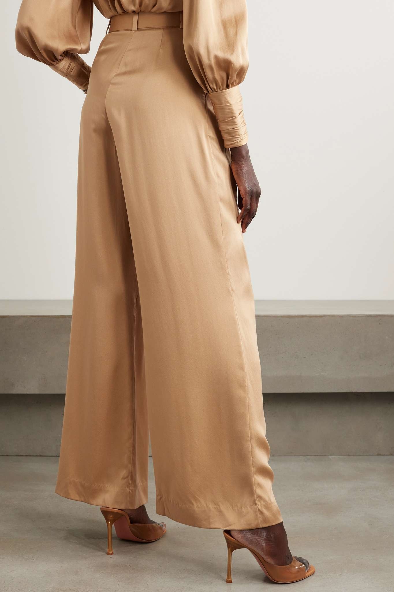 Belted pleated silk-satin wide-leg pants - 3