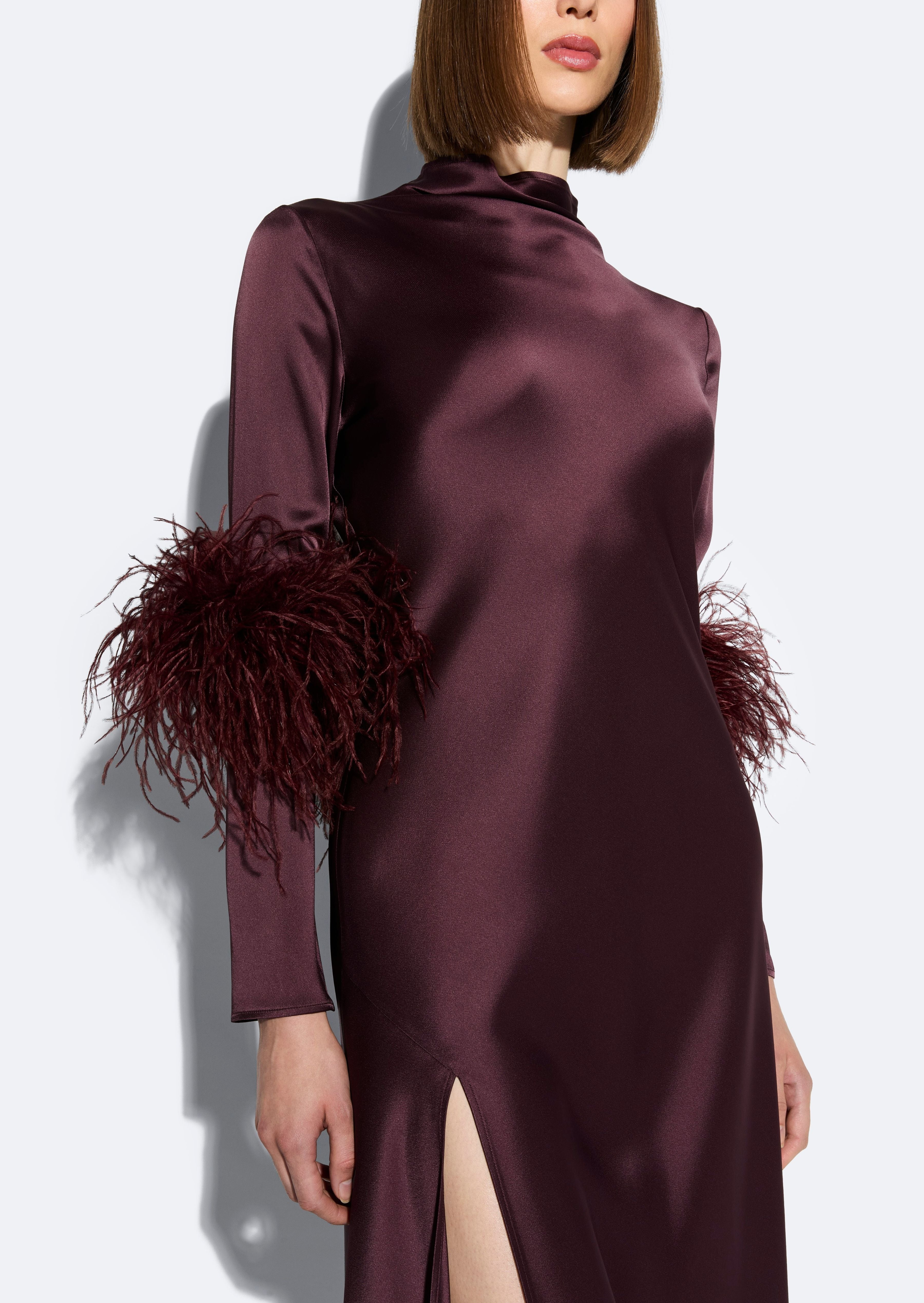 Satin Draped Neck Bias Dress With Feathers - 4