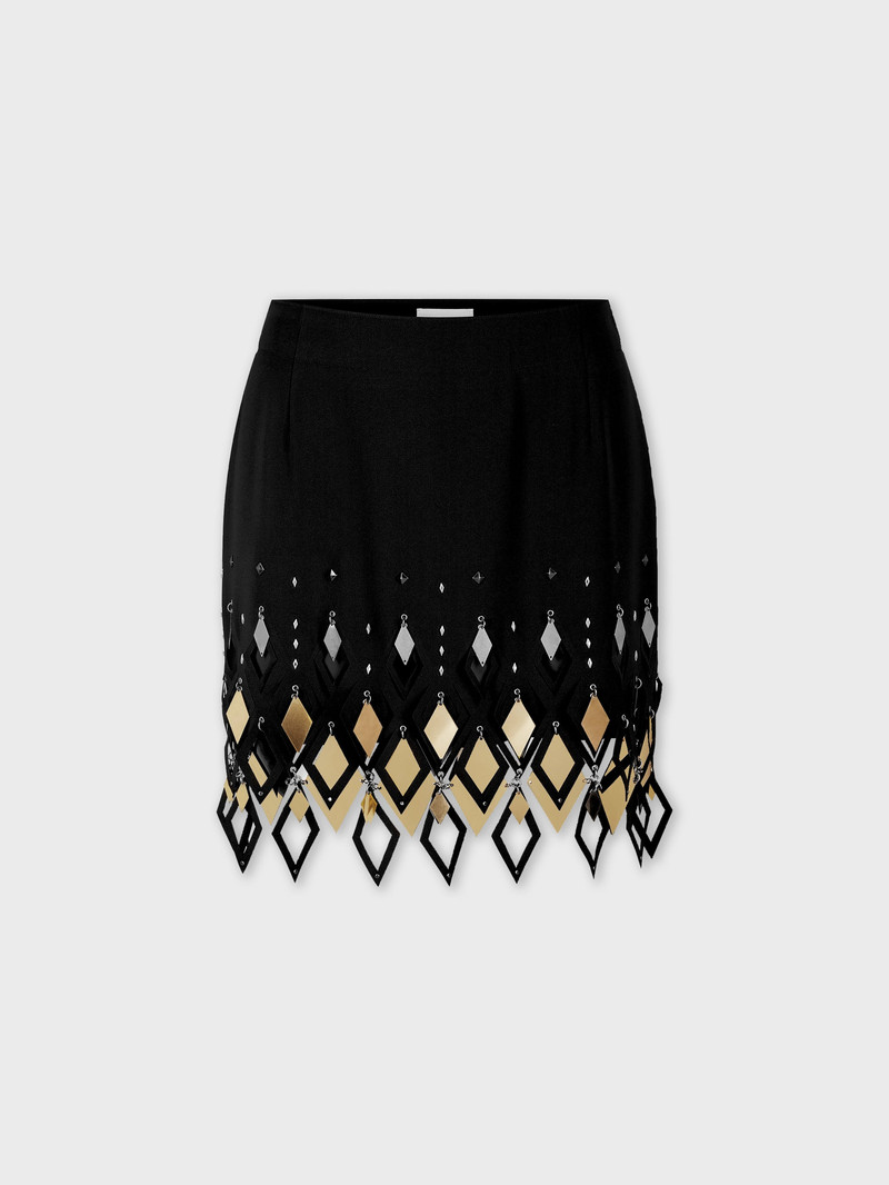 BLACK CREPE MINI SKIRT WITH DIAMOND-SHAPED ASSEMBLY - 1