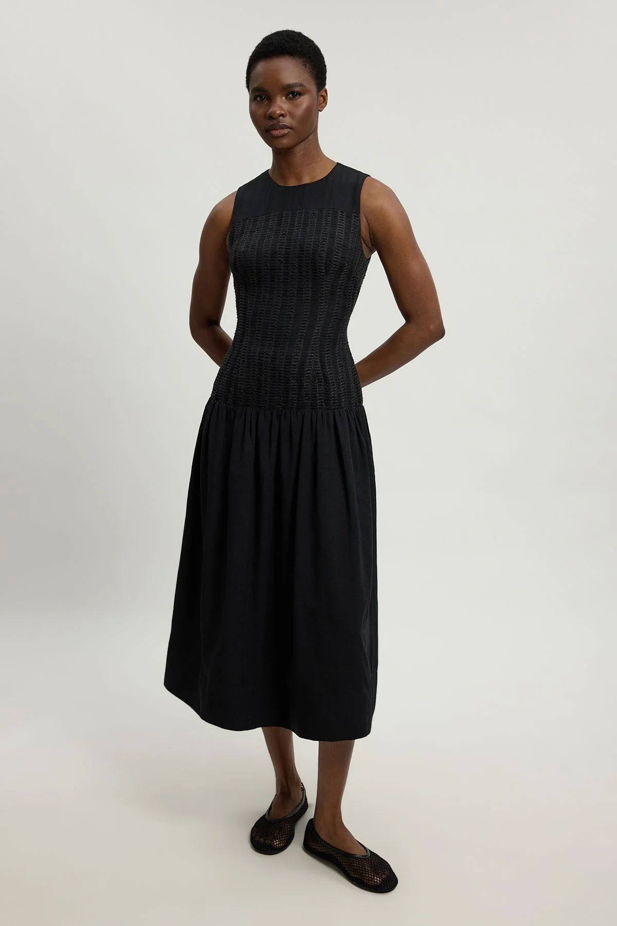 Petite Textured Drop Waist Long Sleeve Woven Midi Dress - 1