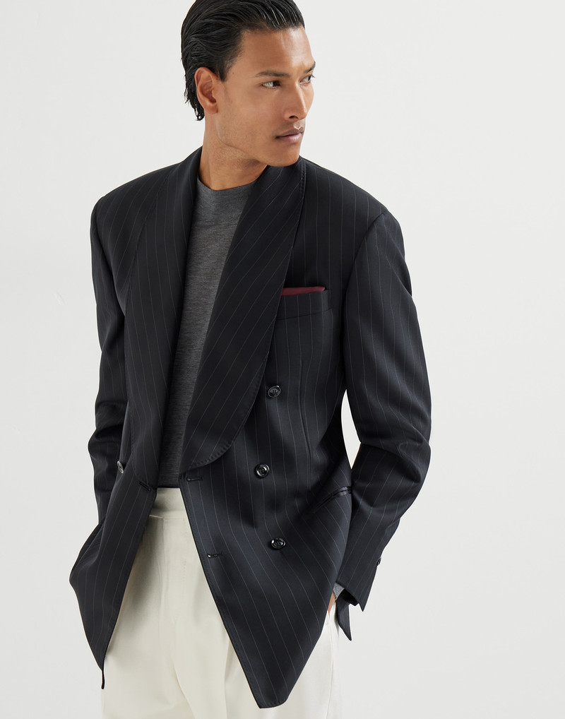 Super 150s virgin wool chalk stripe one-and-a-half breasted tuxedo jacket with shawl lapels 5