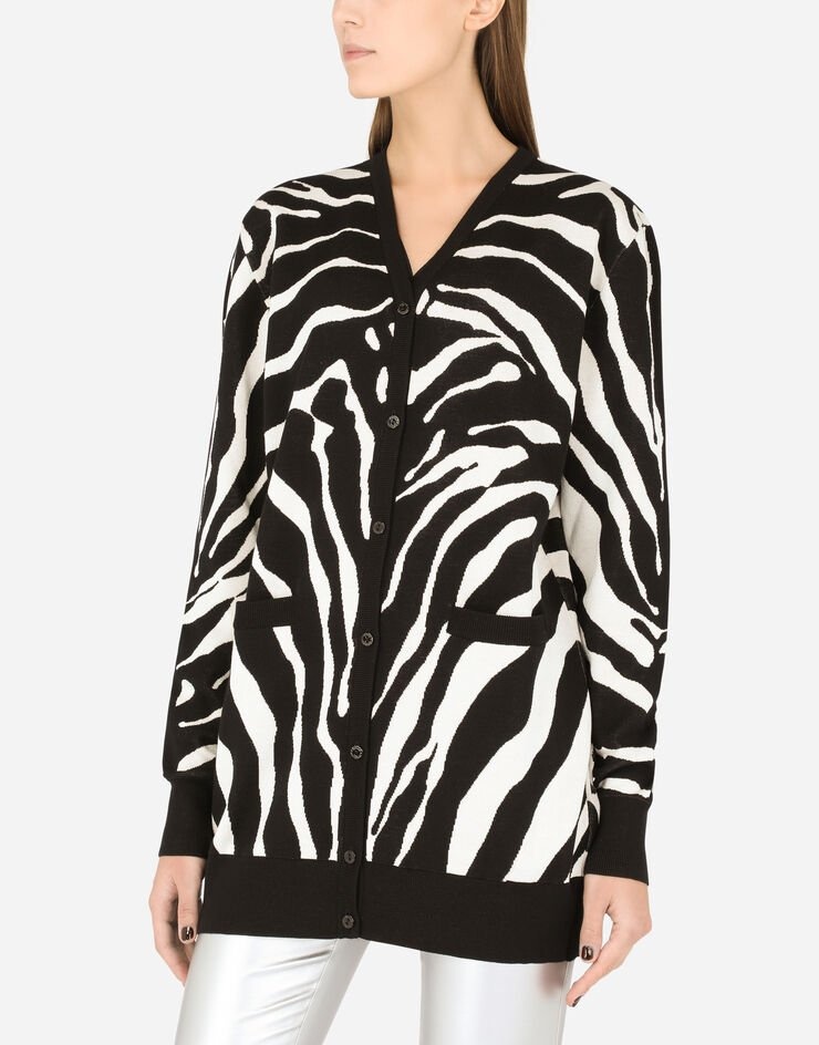 Oversize zebra-design cardigan in wool and silk - 4