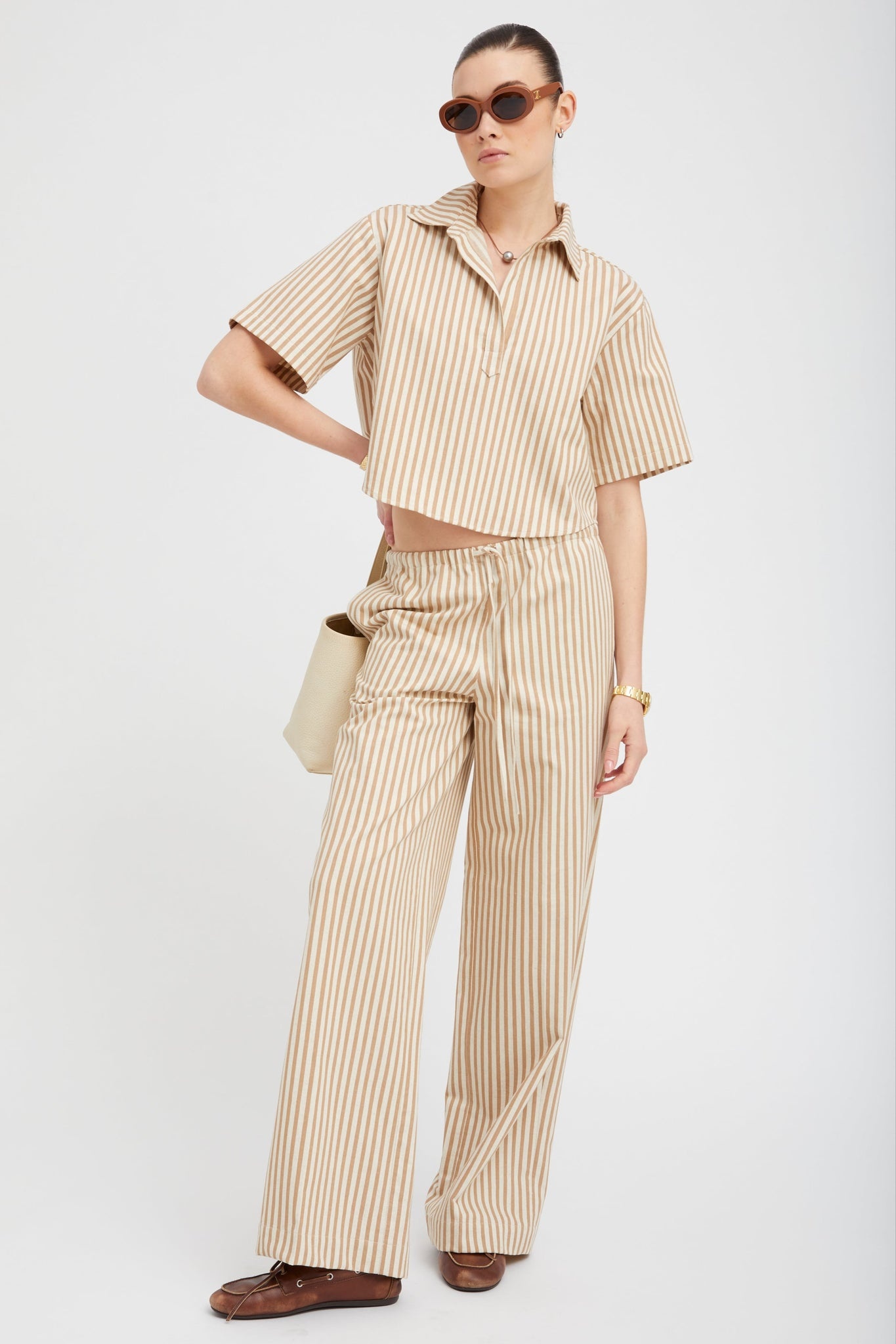 CAMEL STRIPE LINEN DRAWSTRING PANTS - 2