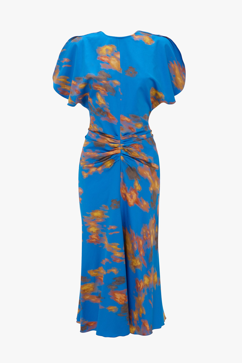 Gathered Waist Midi Dress In Blue Abstract Floral Print 1