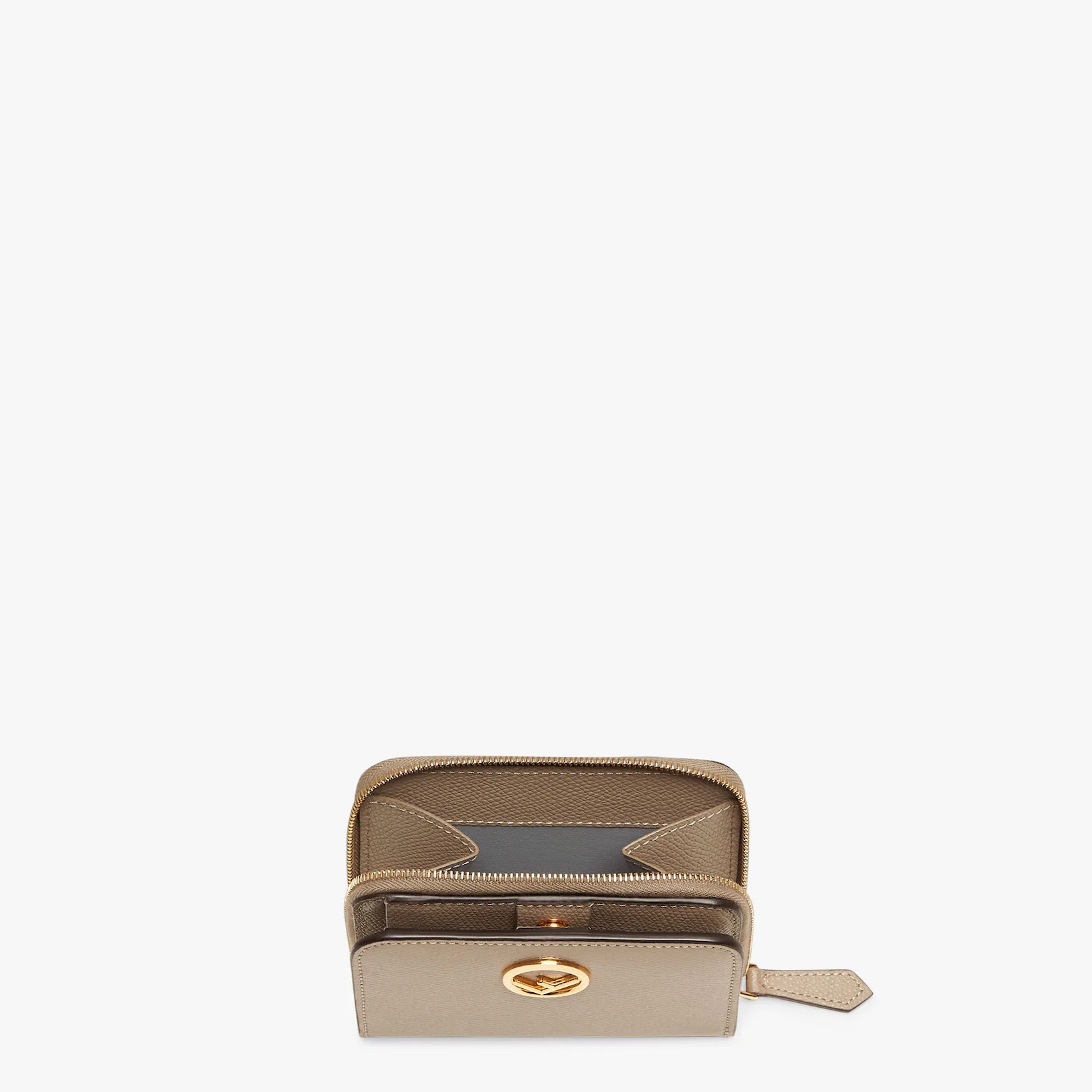 F is Fendi compact bi-fold wallet. Interior organized into a bill compartment and card holder slot.  - 3