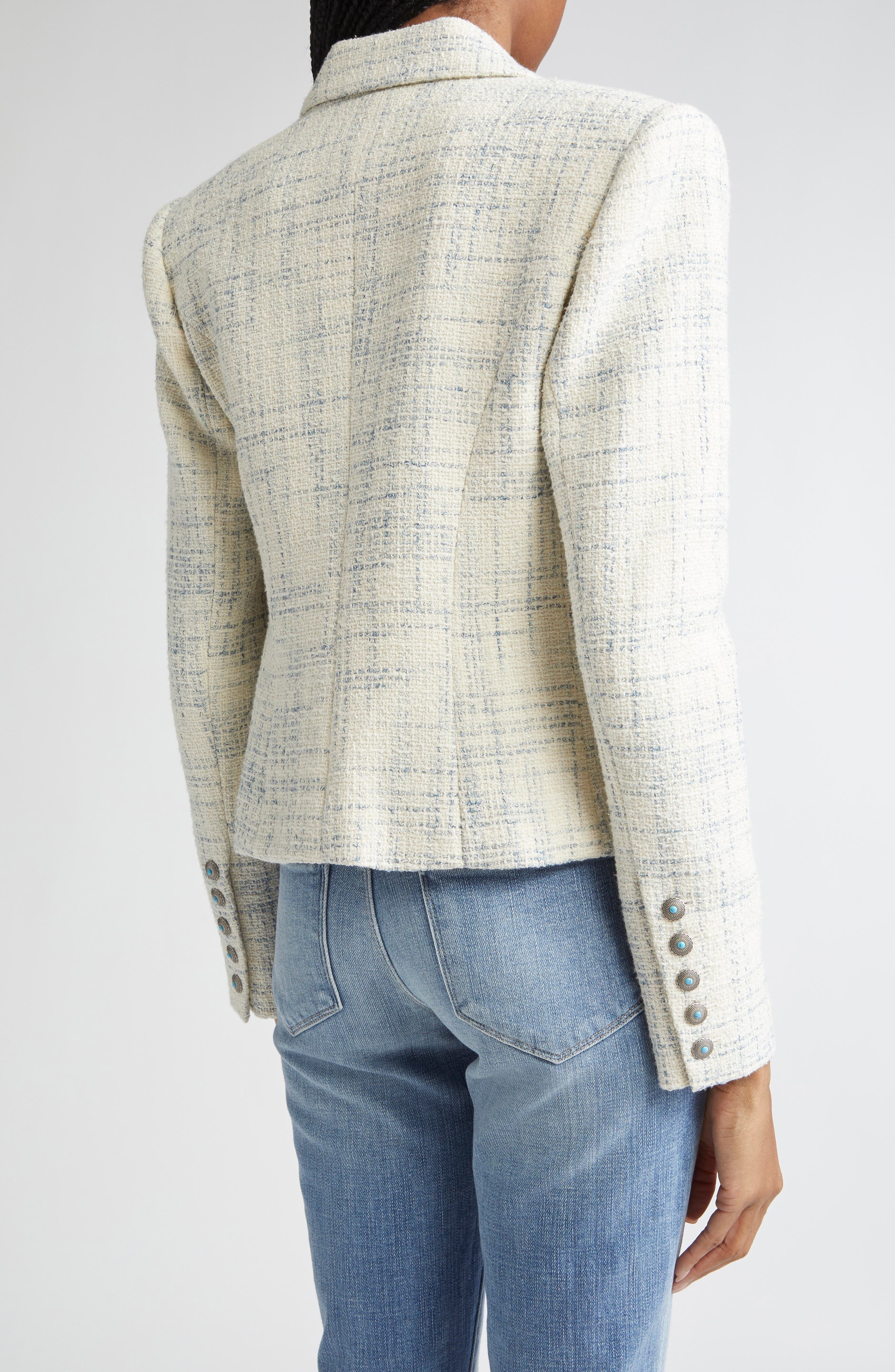 L'AGENCE Brooke Double Breasted Tweed Blazer in Vintage White/Blue Check at Nordstrom - 3