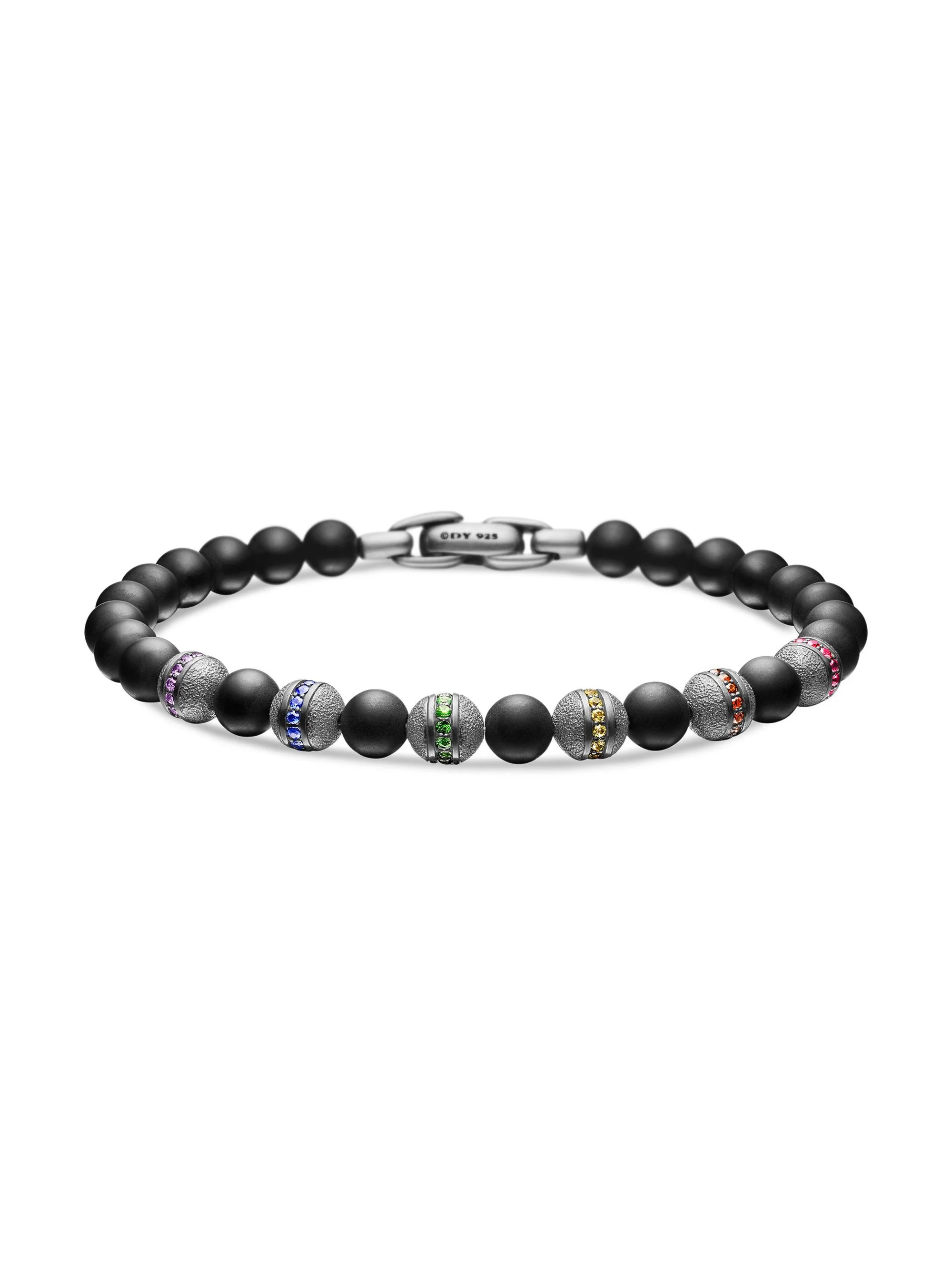 Men's Spiritual Beads Rainbow Bracelet in Sterling Silver - Black Onyx - 1
