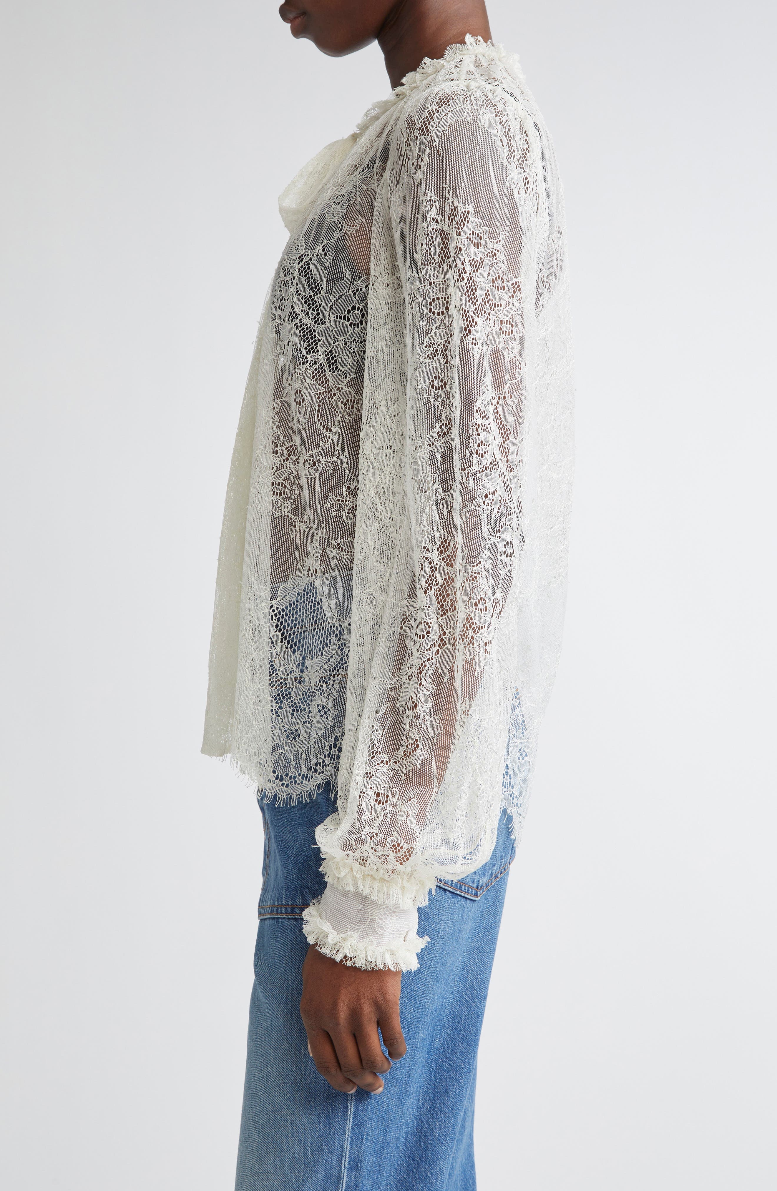 Ulla Johnson Iliana Pussybow Tie Sheer Cotton Lace Top in Pearl at Nordstrom - 4